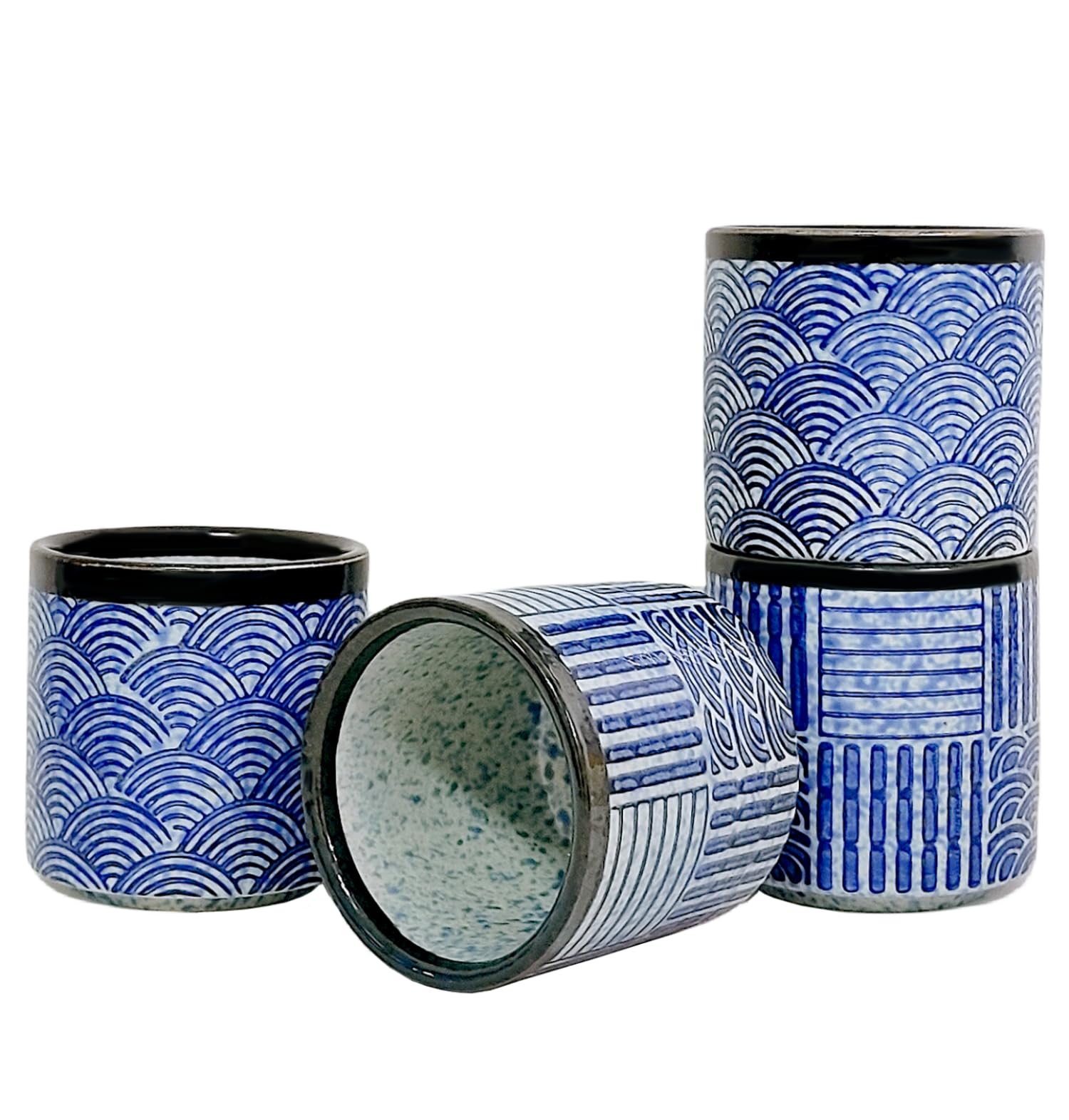 WEOPYCJCeramic Teacups Set of 4, Asian Chinese Japanese Modern Cup Set, No Handle Tea Mugs for Espresso Cappuccino Coffee Milk Wine Sake Cup 6.42oz (Blue)