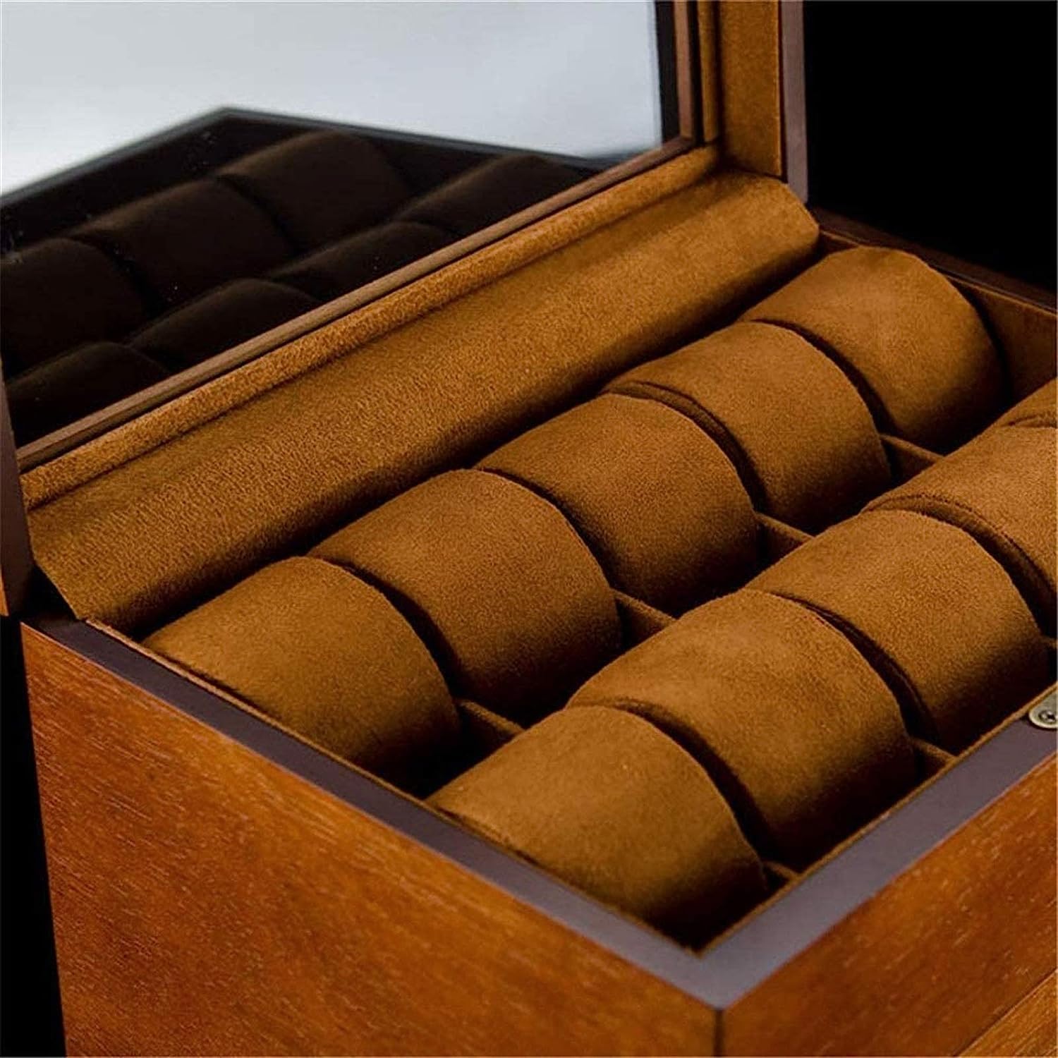 Caja de joyería organizadora, caja de reloj para hombre, caja de almacenamiento con tapa de cristal, soporte grande, color marrón