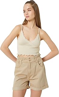 توب كات قصير مضلع بحمالات ورقبة على شكل حرف V للنساء من كوتون، بيج، S