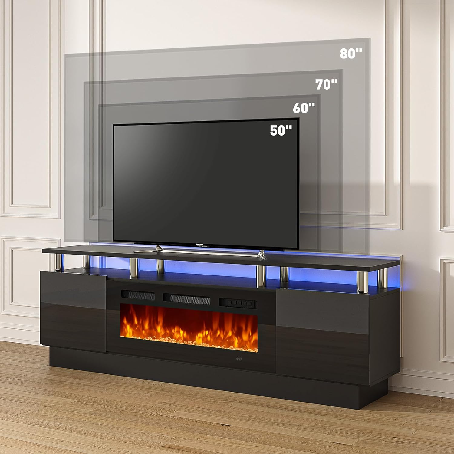 MXV 70" Fireplace TV Stand, Modern Entertainment Center & 36 Inch Electric Fireplace with Remote Control, LED Light, Fire Place Tv Stand for Living Room for TVs up to 80", Black + Black - Image 7