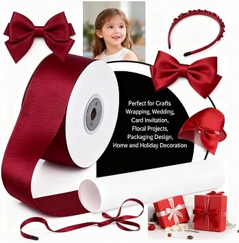 40mm Solid Burgundy Grosgrain Ribbon 18 Meters, Perfect for Gift Wrapping, Crafts, Bows Making, Sewing, Wreaths, DIY Hair Accessories and Wedding Decoration (Burgundy)