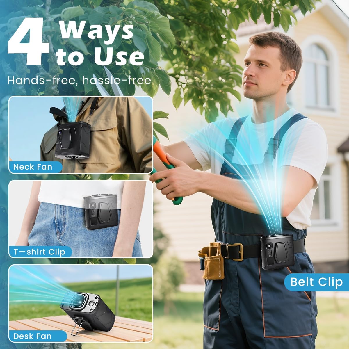 10000mAh Portable Waist Fan Clip on Wearable Belt Personal Fan Rechargeable Battery operated (black)