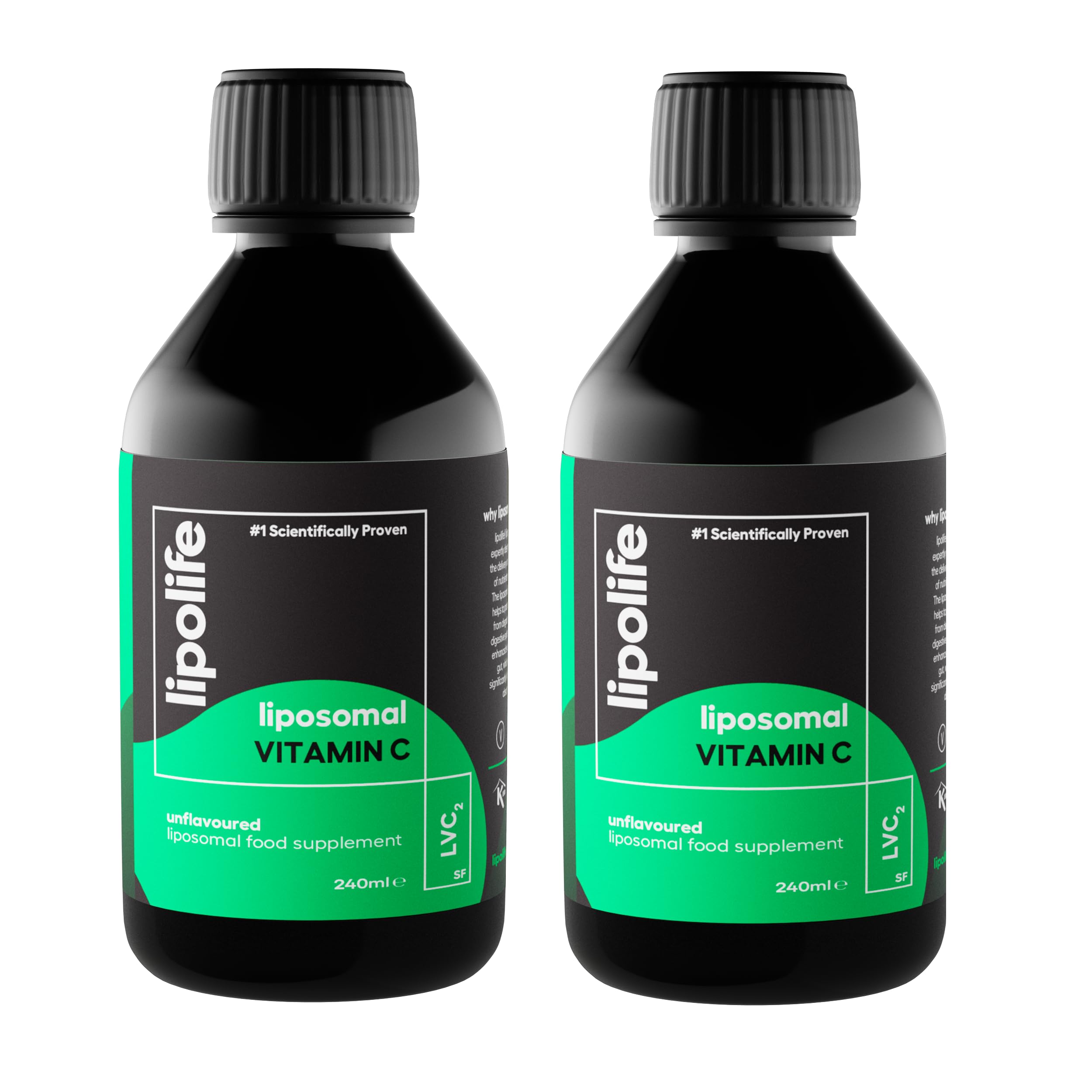 lipolife Vitamin C Liquid 240ml x 2 – LVC2 Liposomal High Strength, Soy-Free – 48 Days Supply, No Tablets, Clinically Proven Higher Absorption, Gluten-Free, Vegan, Immune & Collagen Support