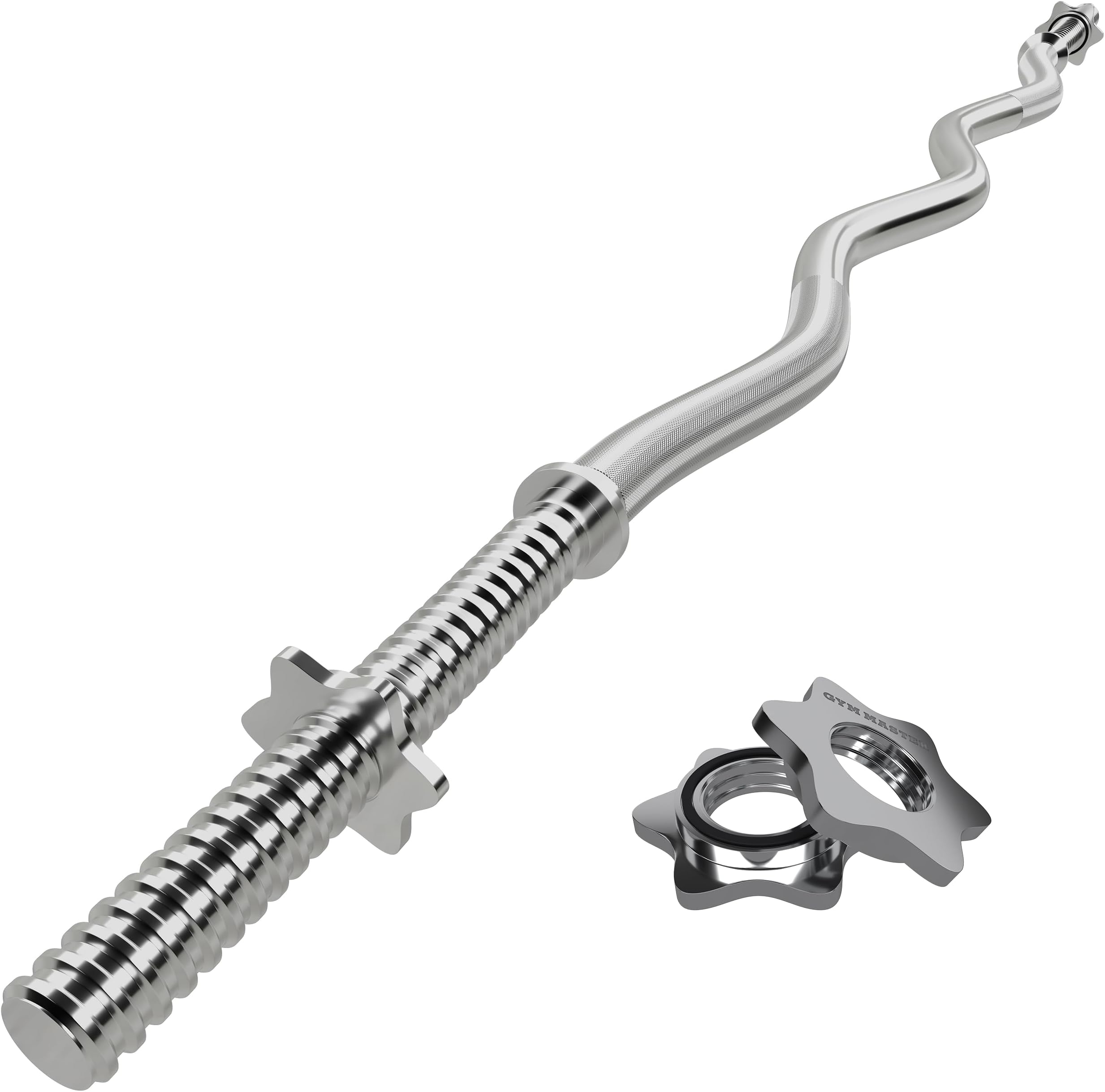 EZ Curl Bar with Spinlock Collars, 1-Inch Standard | Solid steel W-shaped bar with knurled grip positions and two threaded collars for bicep, tricep and forearm training