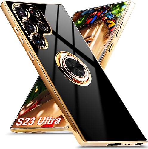 Funda para Samsung Galaxy S23 Ultra 5G, soporte de anillo de rotación de 360 incorporado, soporte magnético, borde chapado brillante de lujo,