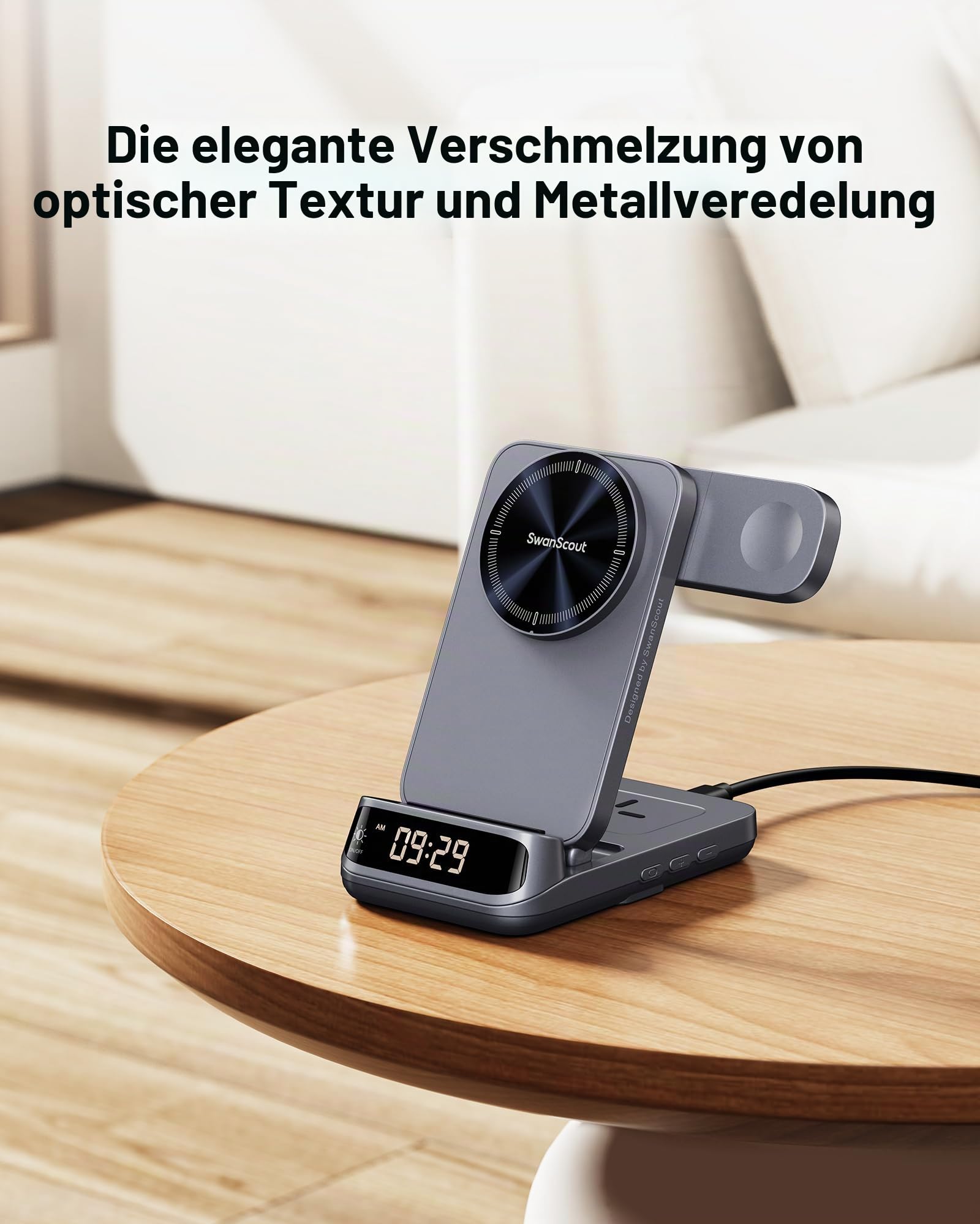 25W 3 in 1 Wireless Charger Stand, Kompatibel mit MagSafe, Klappbares Magnetisches Ladestation mit Uhr für iPhone 17/16/15 Serie, für Apple Watch und für Air Pods, SwanScout 708M-25W