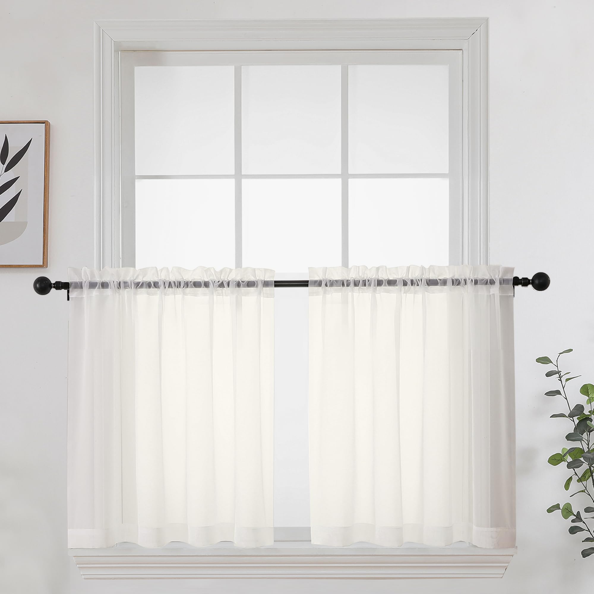 Short Sheer Curtains 24 Inches Long 2 Panels for Bathroom Window, Rod Pocket Light Filtering Sheer Tier Curtains for Small Kitchen Laundry Room, RV, Camper Travel Trailers, 42 W x 24 L, Ivory