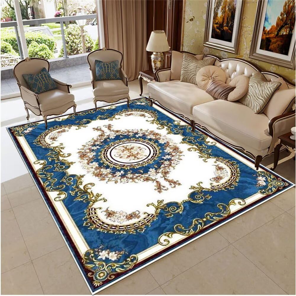 Tapis floral rétro bleu et blanc 250x300 cm lavable pour salon et enfant