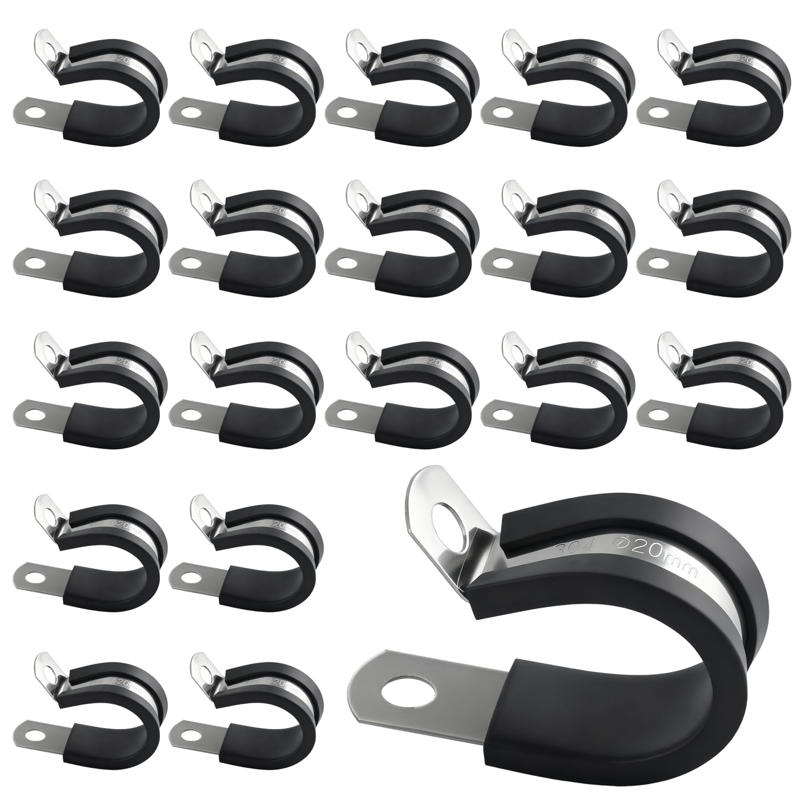 20PCS Stainless Steel Rubber Cushioned R Shape Clamps, Rubber Lined P Clips, 20mm Hose Pipe Clamps, Cable Mounting Hose Pipe Clamp for Cable, Cord, Wire, Tube (20mm)