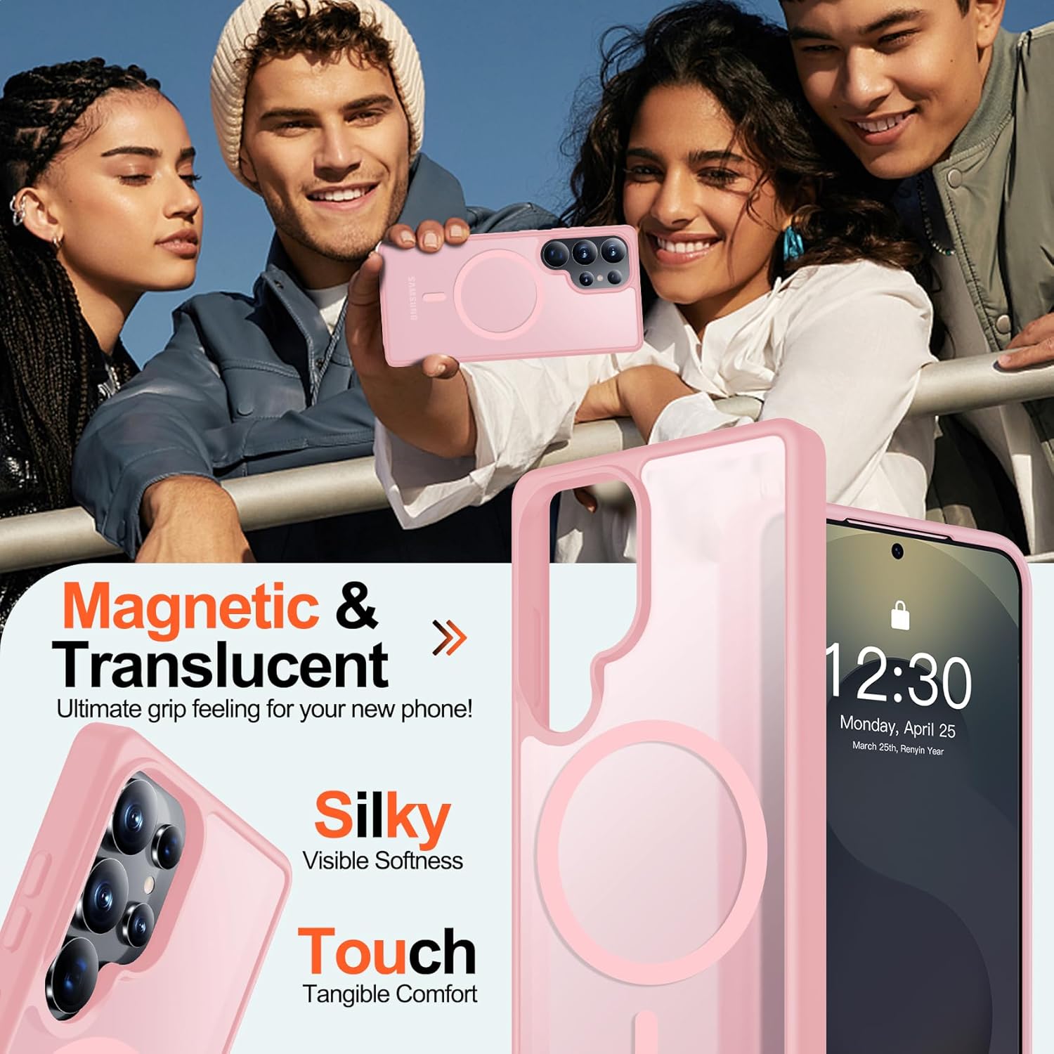 MOZOTER for Samsung Galaxy S25 Ultra Case with Magnetic,[Compatible with MagSafe][2*Screen Protector][12Ft Military Dropproof] Translucent Anti-Slip Back Slim Shockproof Case for S25 Ultra-Pink - Image 5