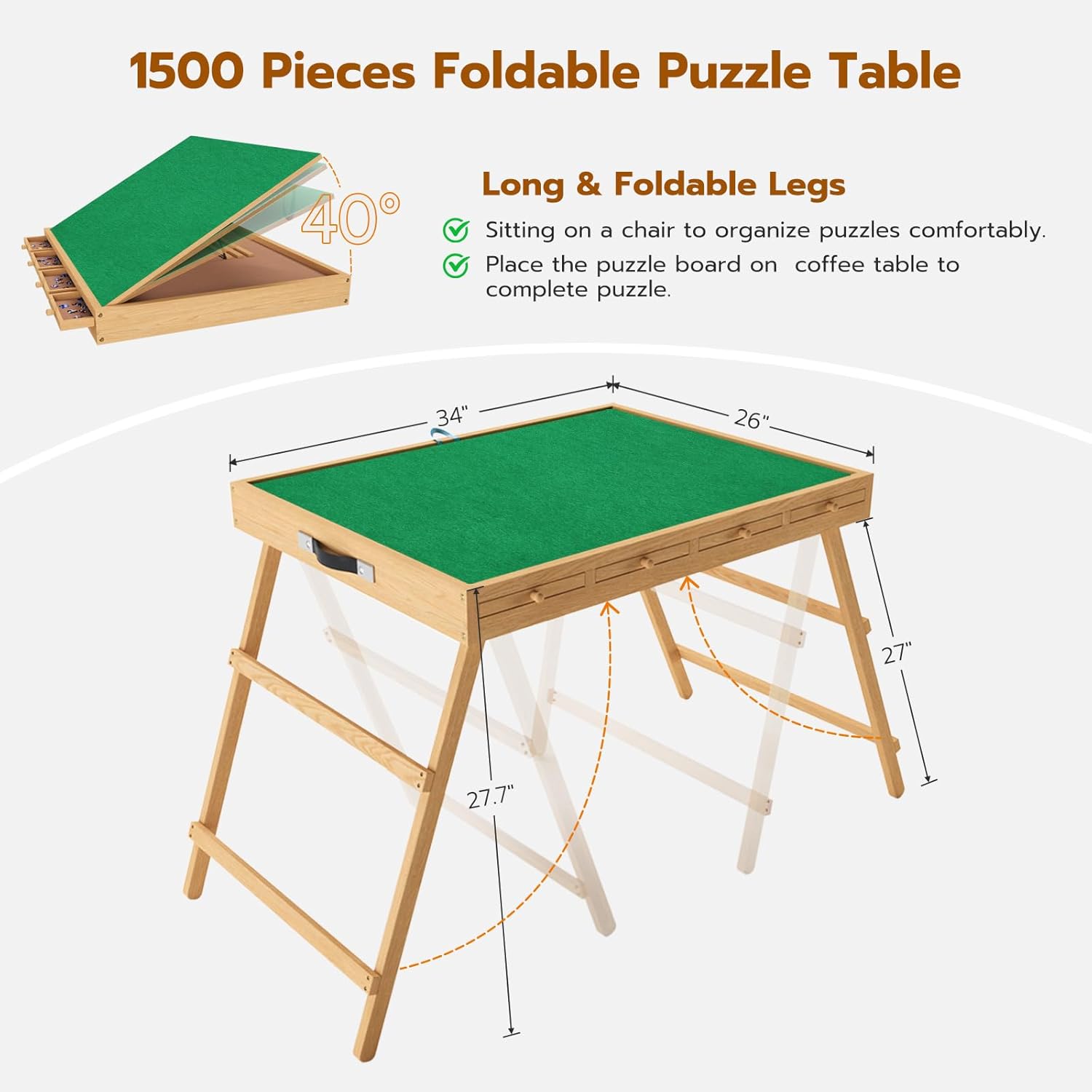 3-in-1 Folding & Tilting & High Puzzle Board with 4 Drawers, 1500 Pieces 27.7" H Tall Puzzle Table with Protective Cover for Adults- 34" x 26" Wooden Puzzle Table with Legs