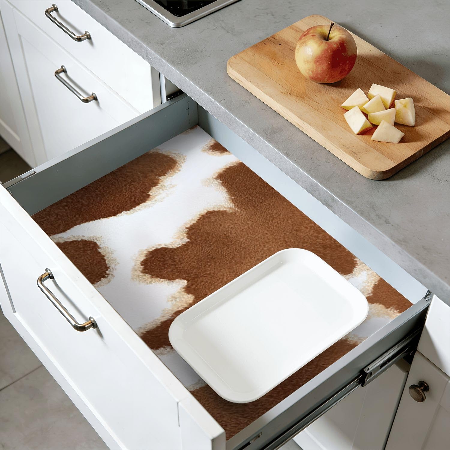 Rivestimento per mensole e armadietti, in pelle bovina marrone, bianco, forme organiche, texture morbida, autoadesivo, 45 cm x 3 m, carta da parati per armadi da cucina e cassetti