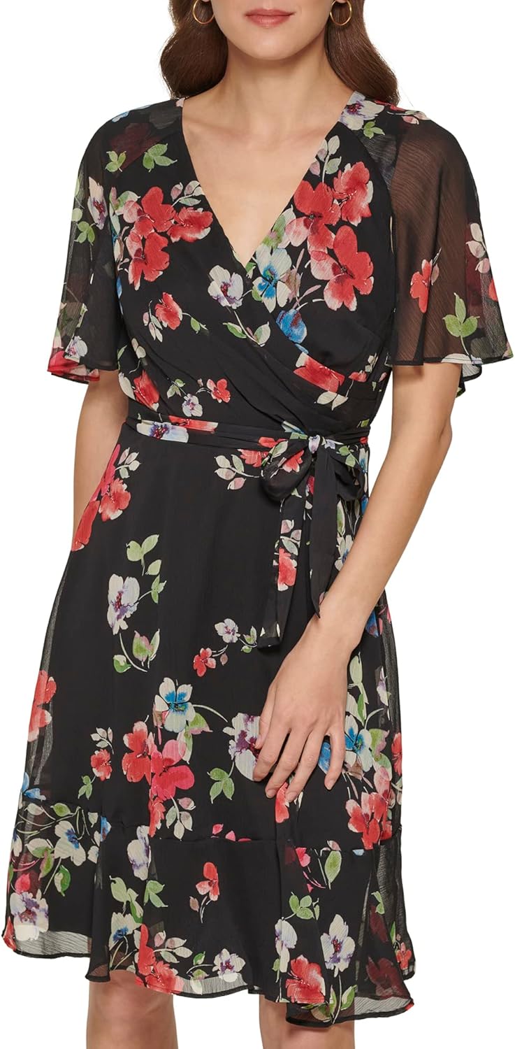 DKNY Womens Short Sleeve Ruffle Hem Faux Wrap Mini Dress