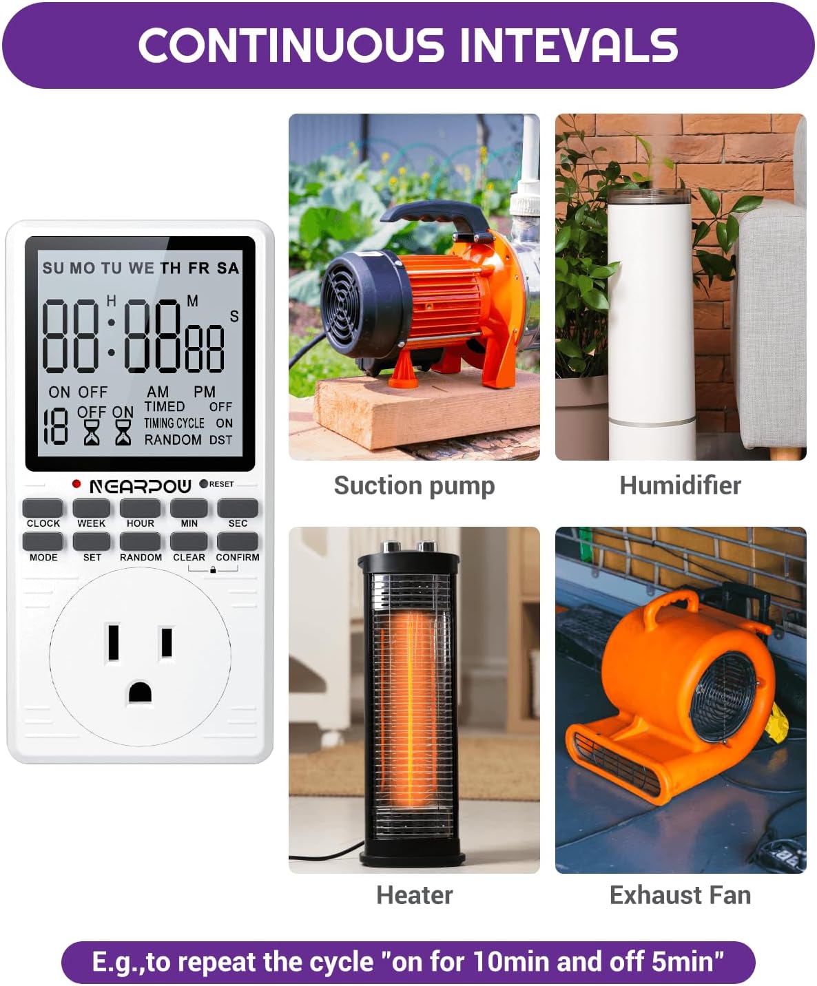 Examples of Continuous Intervals function on the NEARPOW timer, showing its application with a suction pump, humidifier, heater, and exhaust fan.