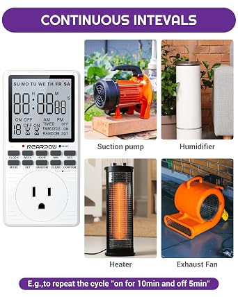 Outlet Timer, NEARPOW Multifunctional Programmable Timer with Countdown and 7-Day Digital Infinite Repeat Cycle Intermittent, 19 ON/Off Programs for Electrical Outlets, 3 Prong, 15A/1800W | 19 ON/OFF Programs, Customized Countdown, Weekly Infinite Intermittent Timer for Electrical Outlets, 15A/1800W, 3 Prong