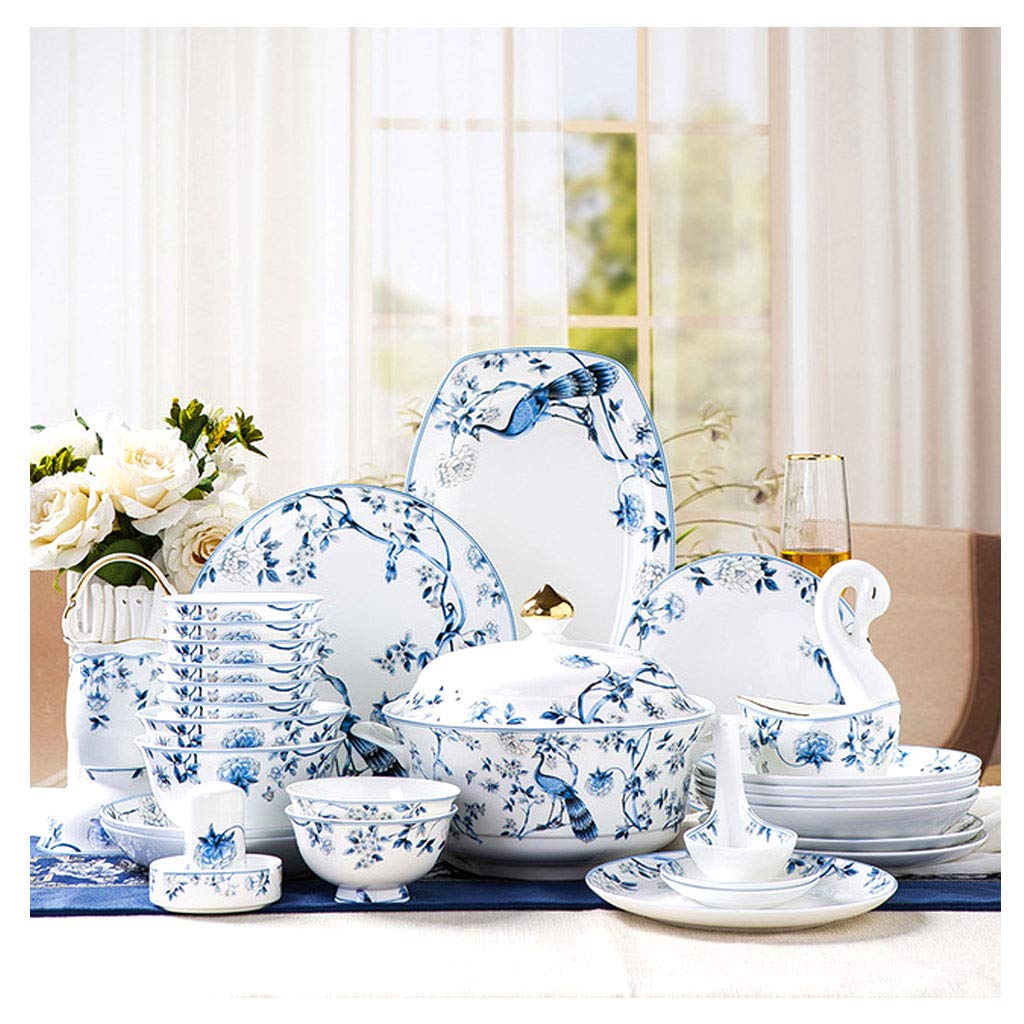 AMINSHAP 60-Pieces Dinnerware Set, Blue Peacock Dishes Cutlery Sets Dinner Combi-Set China Ceramic Tableware Set with Bowls, Dessert Plates, Soup Plates, Dinner Plates Service for 10