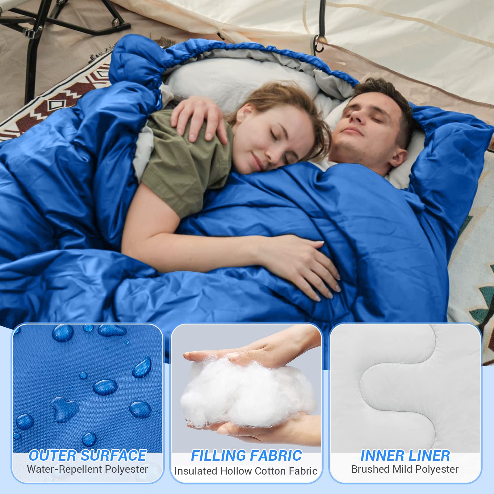 KingCamp Double Sleeping Bags for Adults, XL Big and Tall Sleeping Bag with 2 Pillows for Camping Backpacking, Waterproof, 93“*63� Queen Size for 2 Person, Lightweight Warm & Cold Camping Gear,Blue