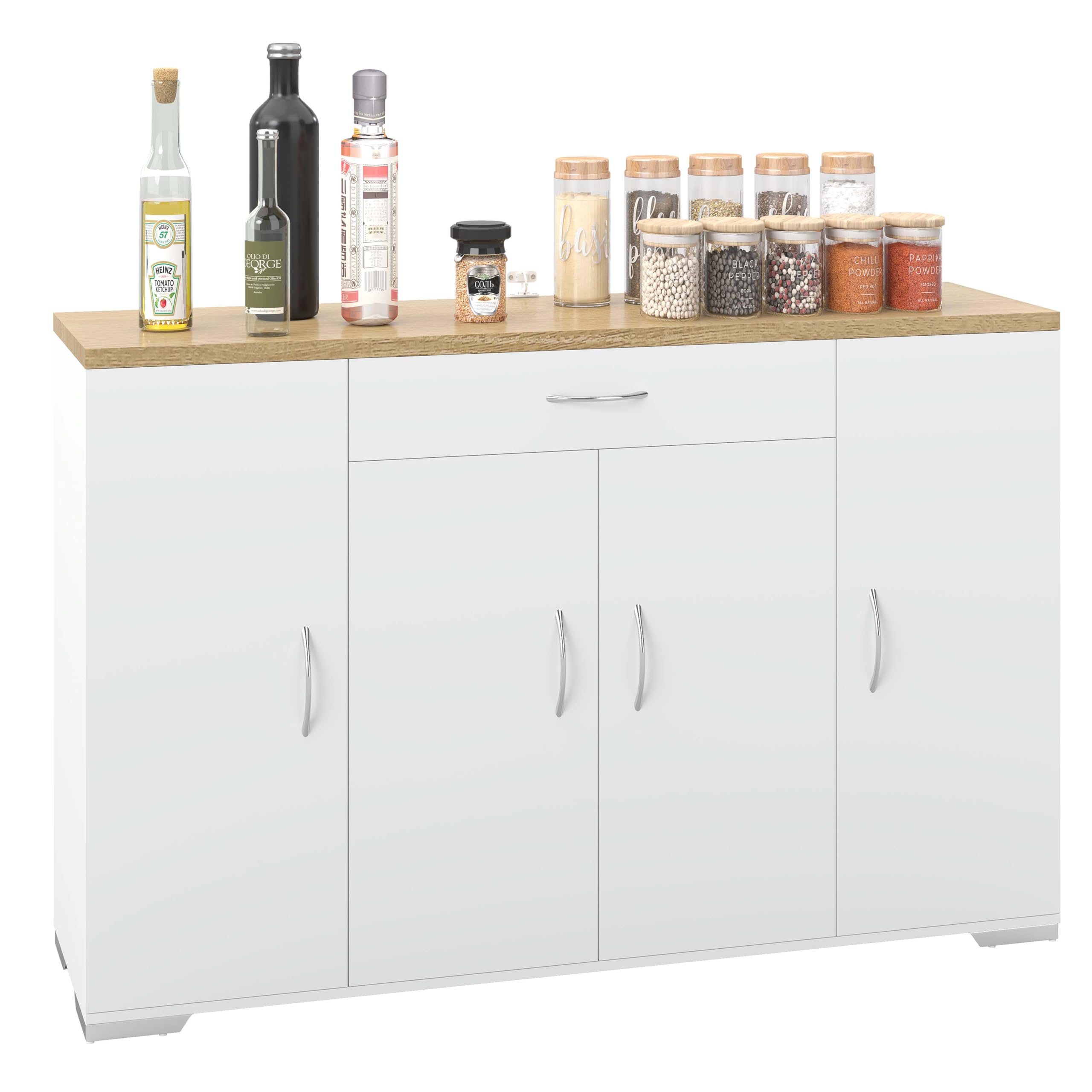 hitsuki Credenza Cucina Bianca 110 x 30 x 70 cm Mobiletto Cucina Salvaspazio Mobile Dispensa Cucina con 4 Ante e 1 Cassetto Madia Mobile da Cucina per Soggiorno Ingresso Corridoio