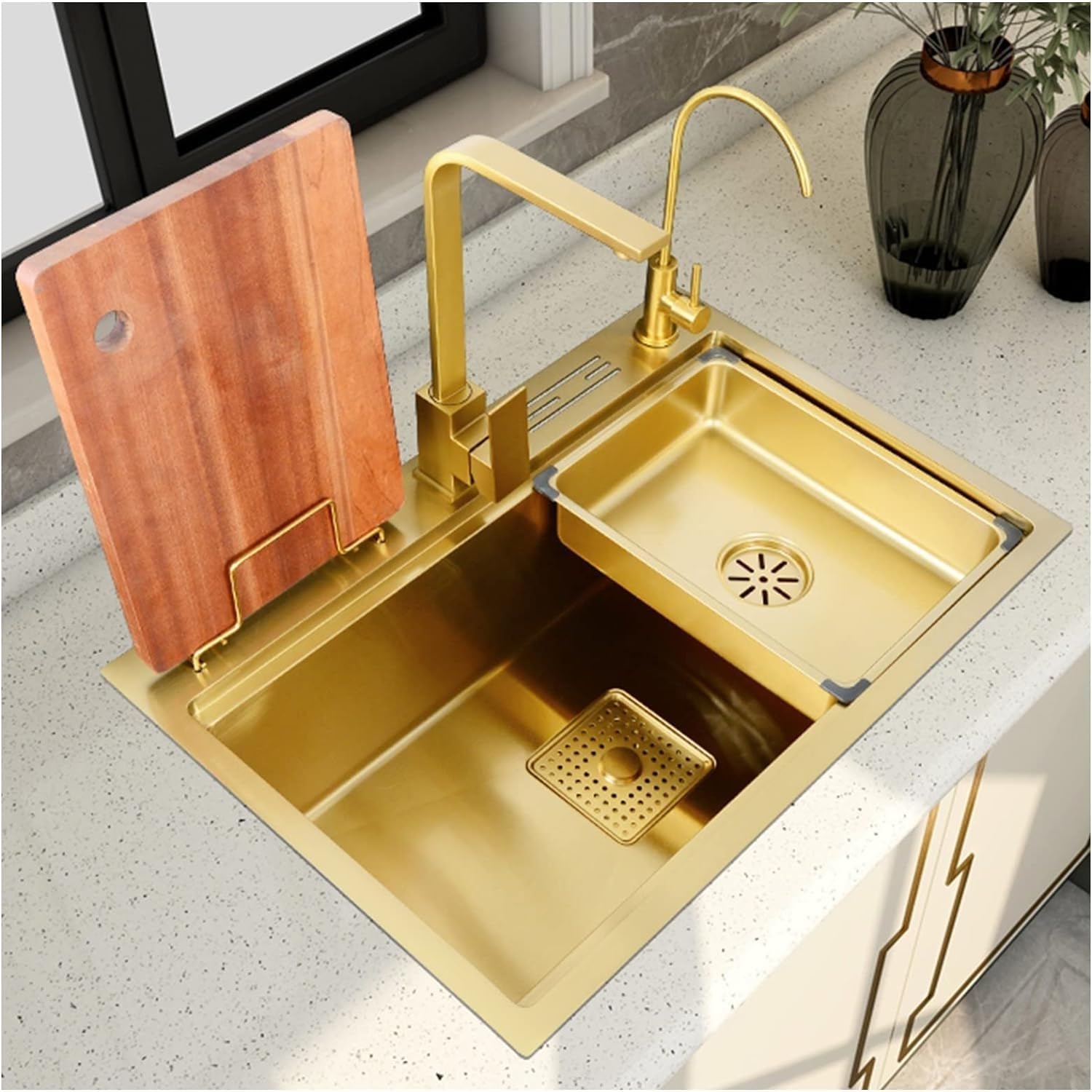 SDdPulse Gold Brushed Stainless Steel Kitchen Sink - Single Bowl Bar Sink with Drainer & Mounting Kit for Kitchen and Bathroom,C-75x46x22cm