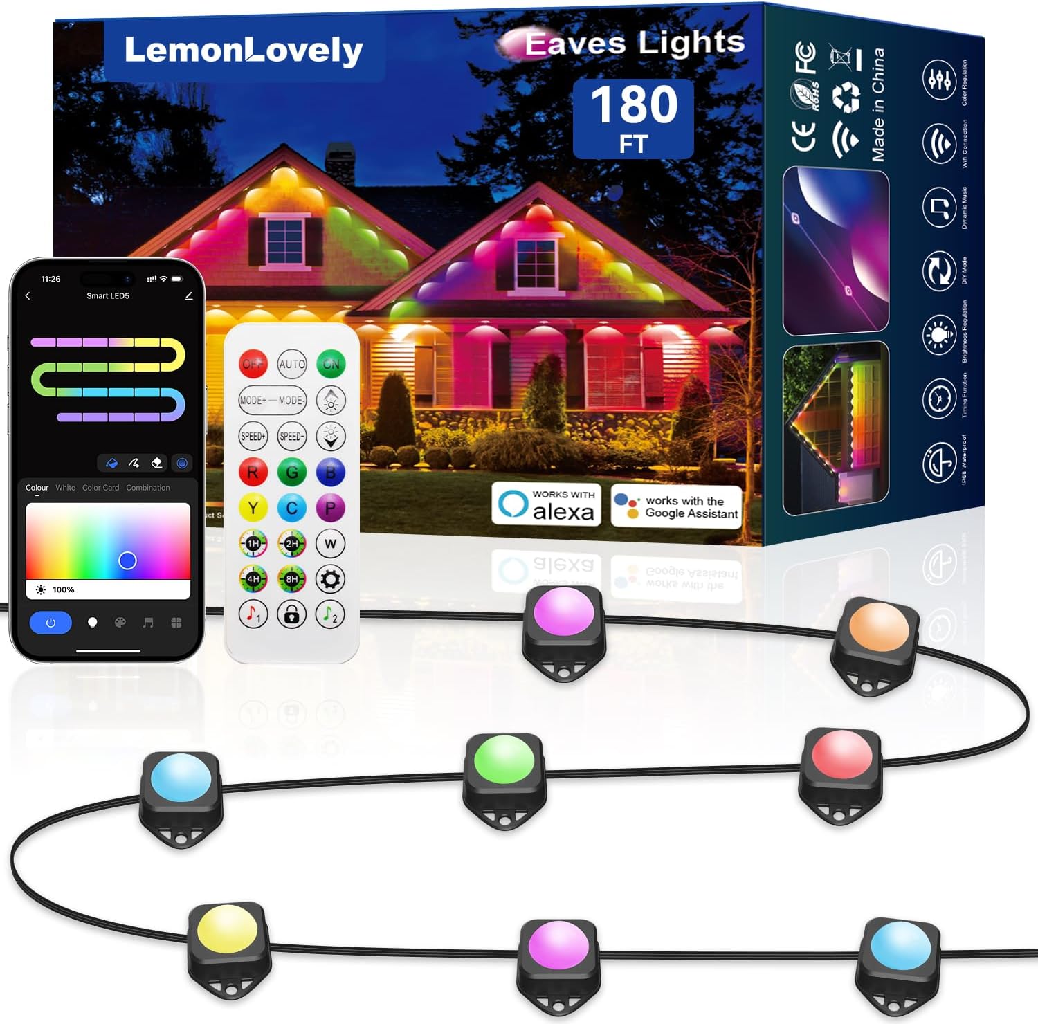 Permanent Outdoor Lights for House, 180ft with 132 Smart IC+RGBCW LED Eaves Lights with App/Remote Control, IP67 Waterproof Christmas Light Compatible with Alexa, Google Assistant, Black Permanent Outdoor Lights for House, 180ft with 132 Smart IC+RGBCW LED Eaves Lights with App/Remote Control, IP67 Waterproof Christmas Light Compatible with Alexa, Google Assistant, Black