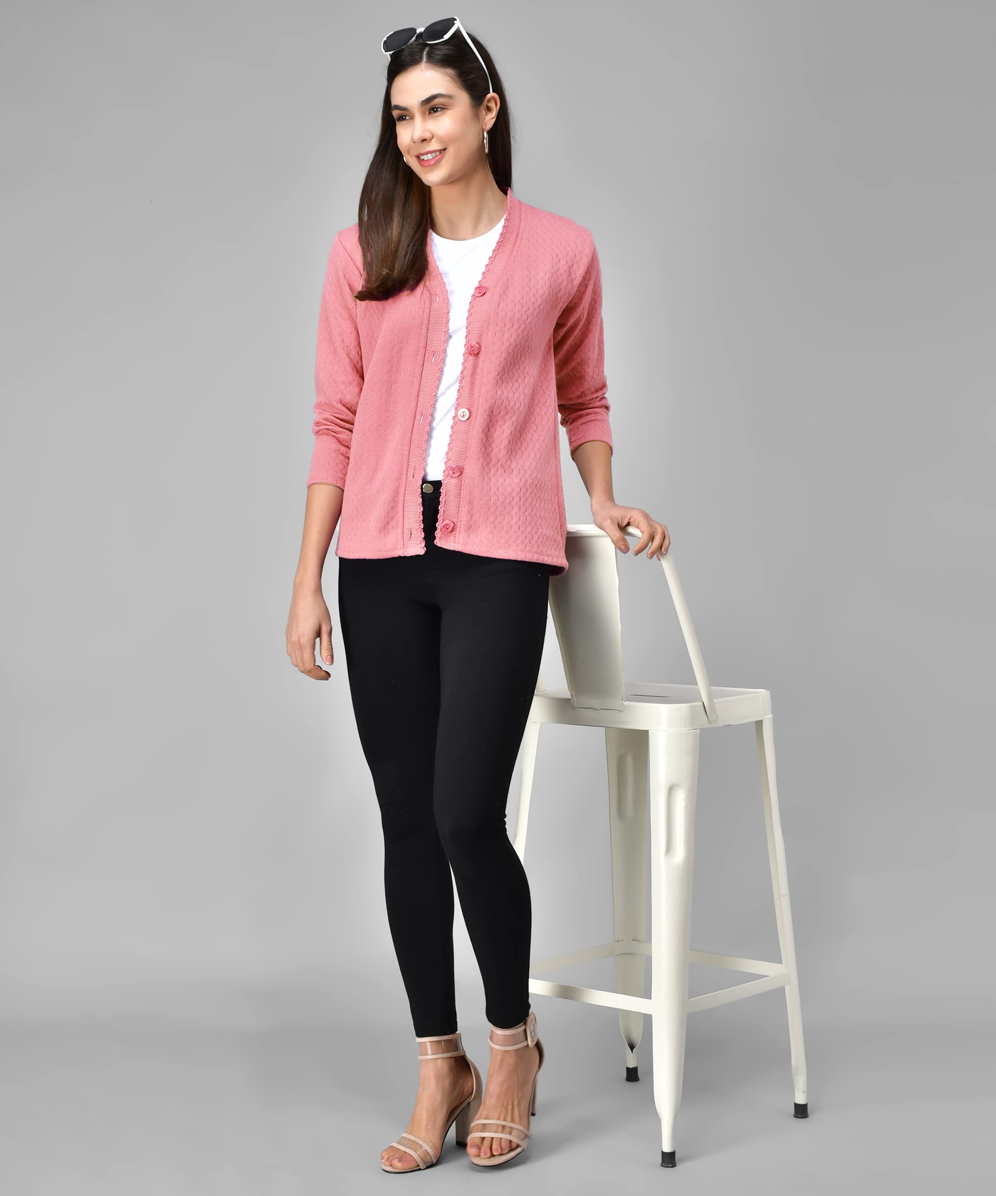 eKools Women's Woolen V-Neck Multicolor Winter wear Cardigans Sweaters (H27-Babypink, 3XL) - Image 6 thumbnail