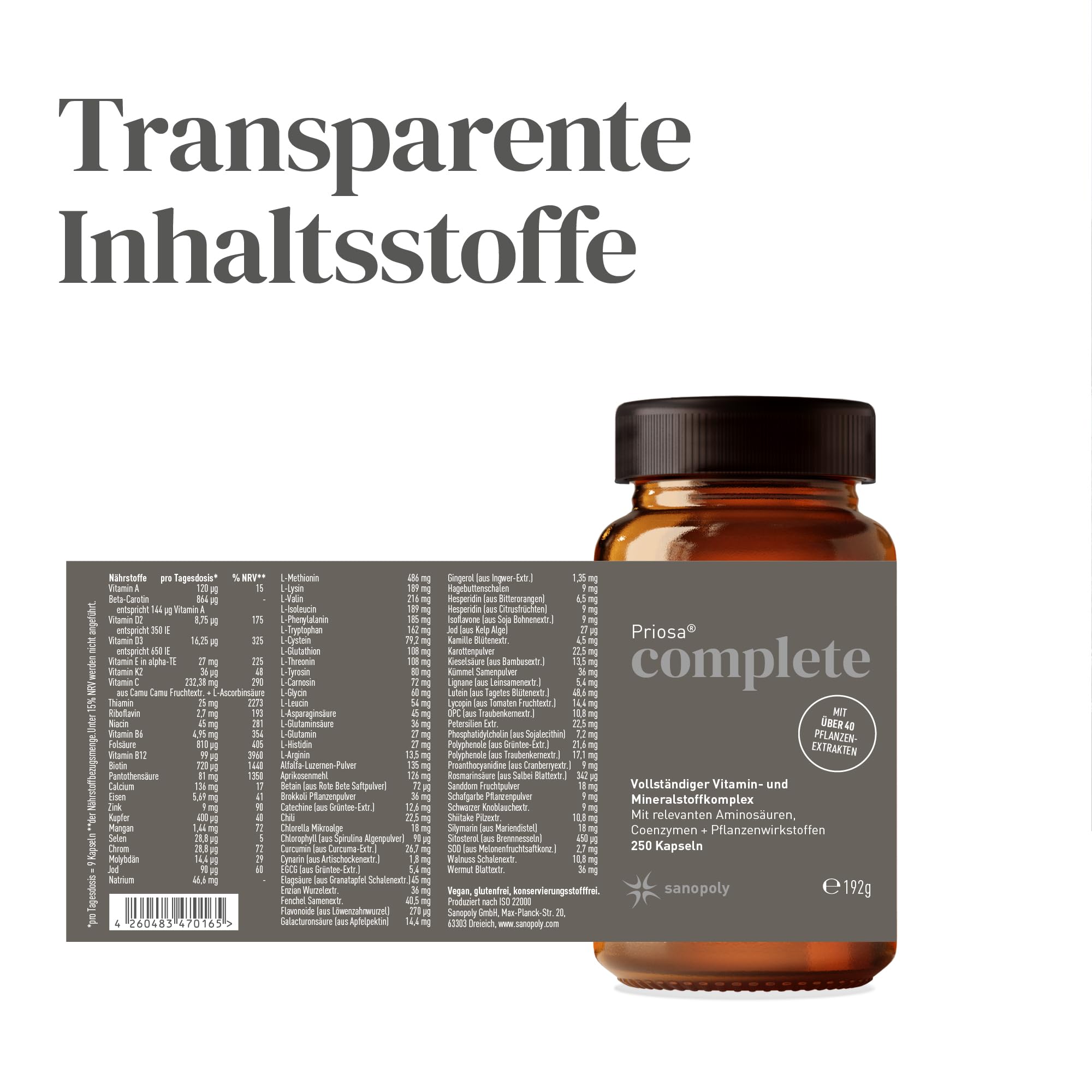 Priosa® complete 250 Multivitamin Kapseln I Unterstützt Energiestoffwechsel, Immunsystem und geistige Leistung I 42 Pflanzenextrakten, 16 Aminosäuren, 13 Mineralien & 13 Vitaminen | vegan