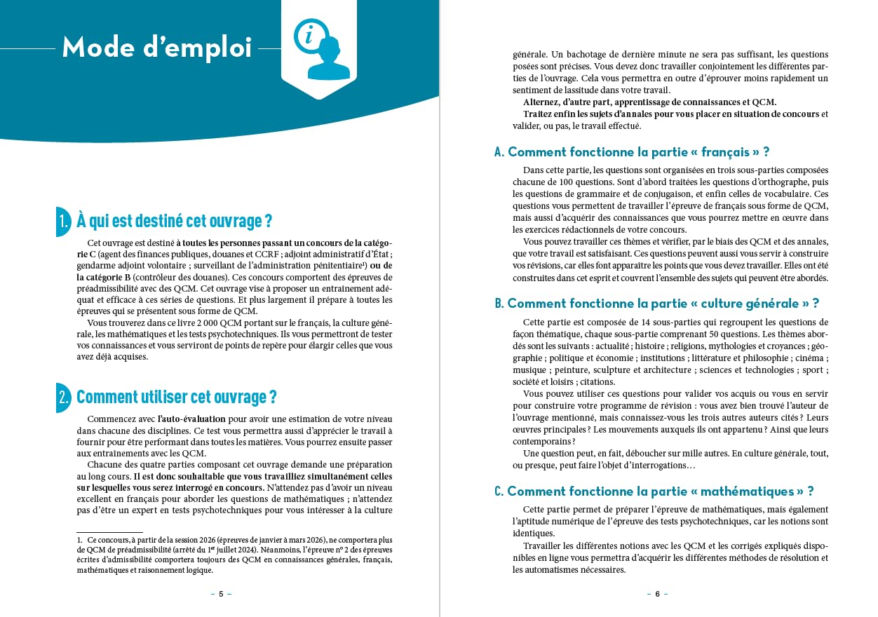 2000 QCM de Français, Culture générale, Mathématiques et Tests psychotechniques: Epreuve de préadmissibilité - Catégories B et C - Concours 2025-2026