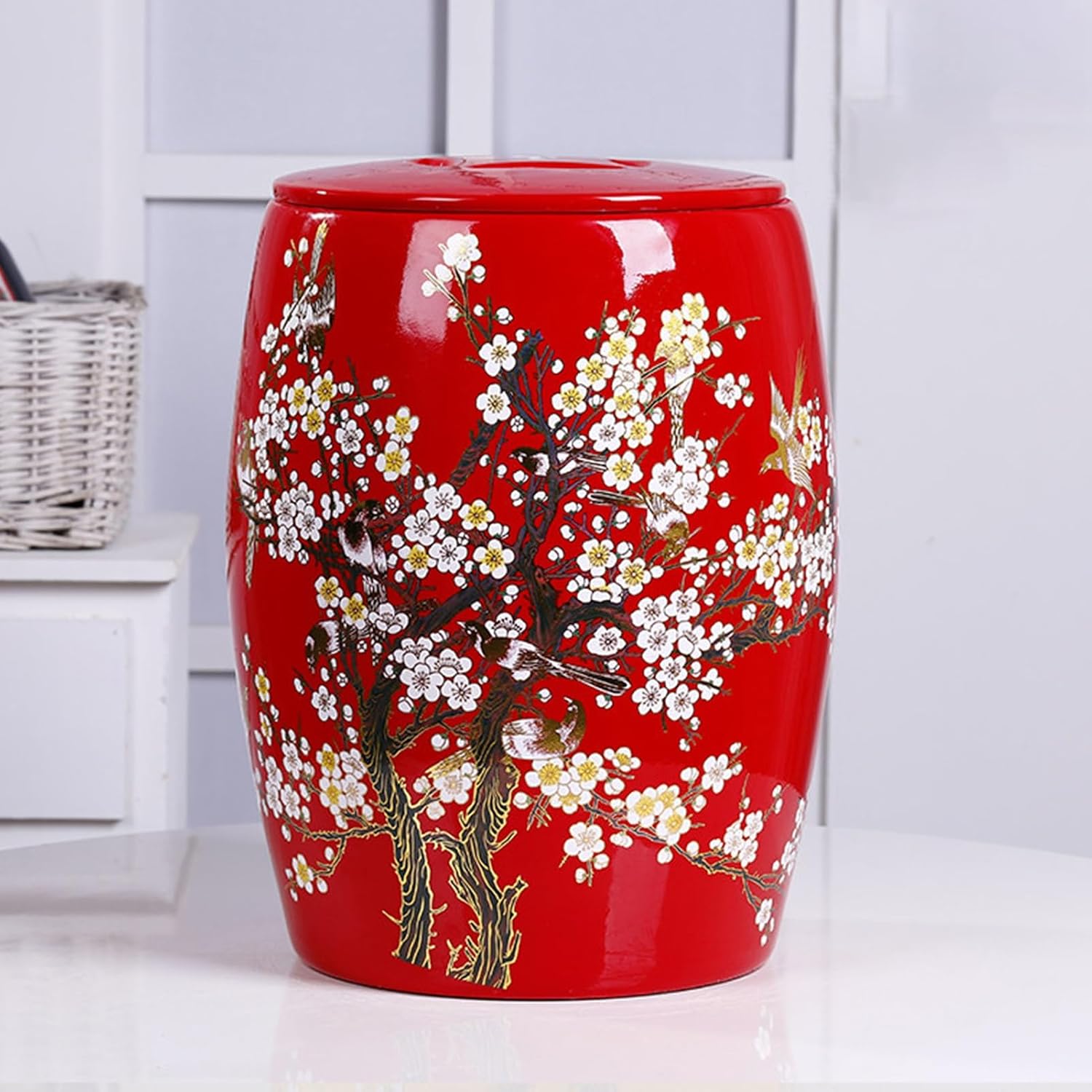 Large Ceramic Jar for Rice, Grain Storage Container with Lid Sealed Food Container Kitchen Rice Storage Bins Rice Bucket Box for Flour Coffee Nuts Tea(Red,Capacity: 15kg)