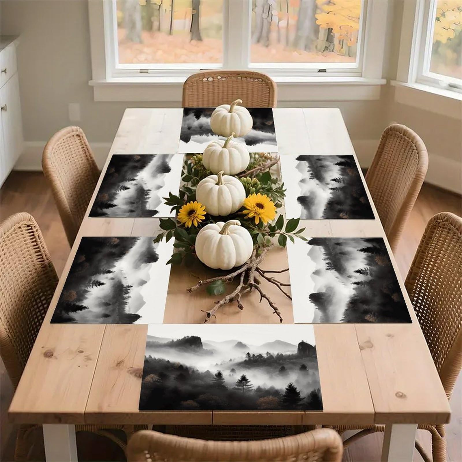 Foggy Mountains Forest Placemats Wipeable Heat Resistant Table Mats Washable Flax Place Mats Elegant Cloth Non-Slip Placemat for Kitchen Dinning Party Table Decor 12 * 18 in