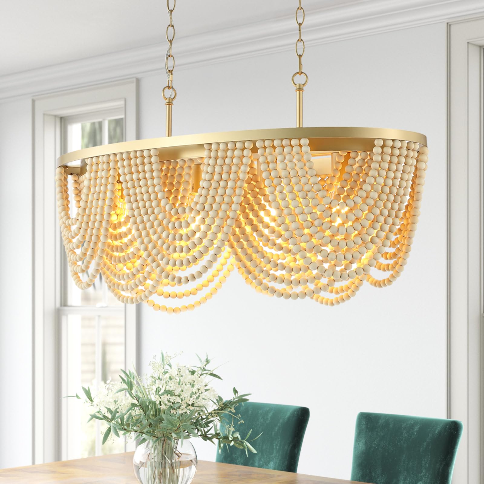 Gold Rectangular Chandelier for dining room,31.5" Boho Wood Beaded Chandelier Light Fixture,Modern Farmhouse Long kitchen Island Light Fixtures,Adjustable Height,4-Light