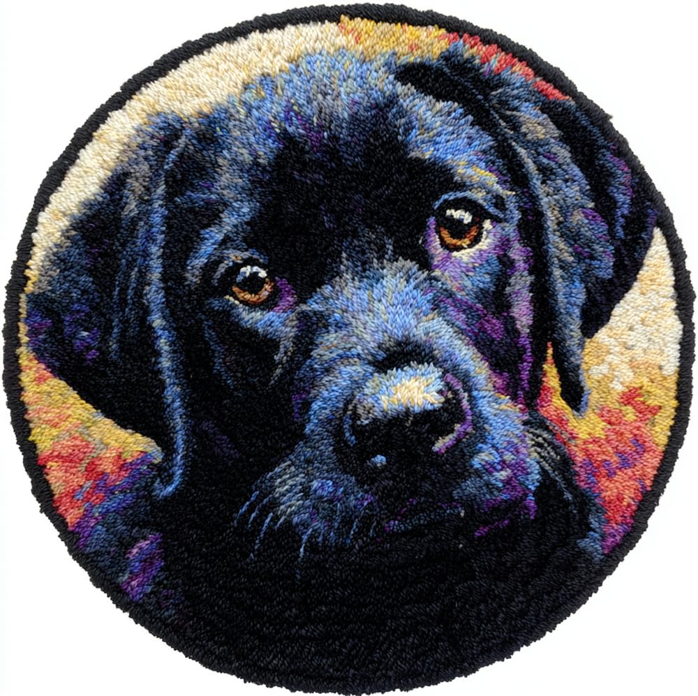 kitphoenix Round Shape Latch Hook Kits Rug Black Labrador 20X20Inch (50X50Cm) DIY Cushion Rug Carpet Making Crochet Hook Kits Preprinted Pattern Canvas Cushion Arylic Yarn Hooking Kits Mat Kits