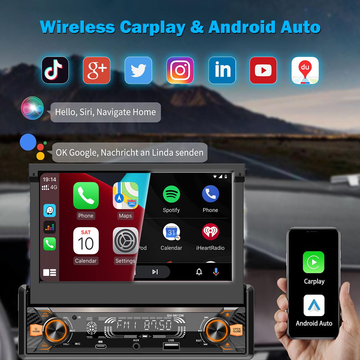 Autoradio 1 Din con Schermo (7" Retrattile Automatico) Compatibile con [Wireless] Apple CarPlay Android Auto Bluetooth AM/FM/RDS Radio USB (Type-C carica rapida 3A) AUX SD telecamera di backup
