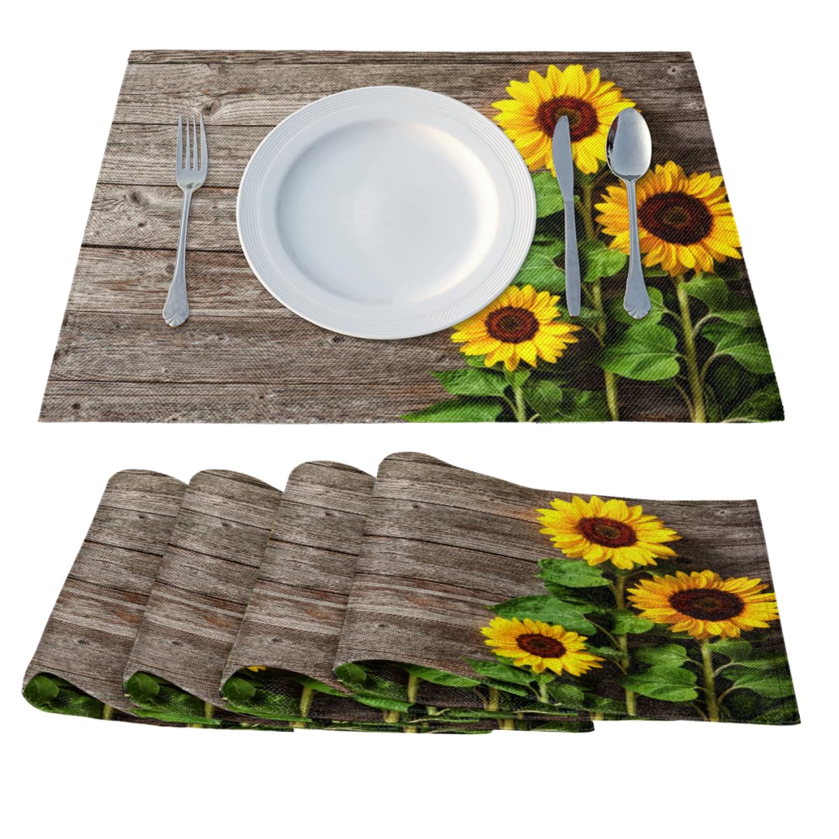 6 Tovagliette Americanate In Lino A Quadretti Verdi Con Girasoli – 30x45 Cm – Lavabili In Lavatrice, Antimacchia