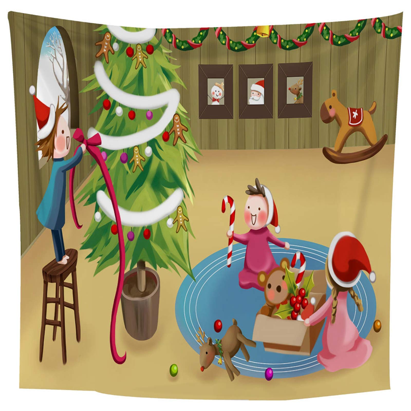 Arazzo da Parete Natalizio, Arazzi da Parete Albero di Natale e Persone Marrone Verde Arazzo Tappeto Parete, 200x200CM