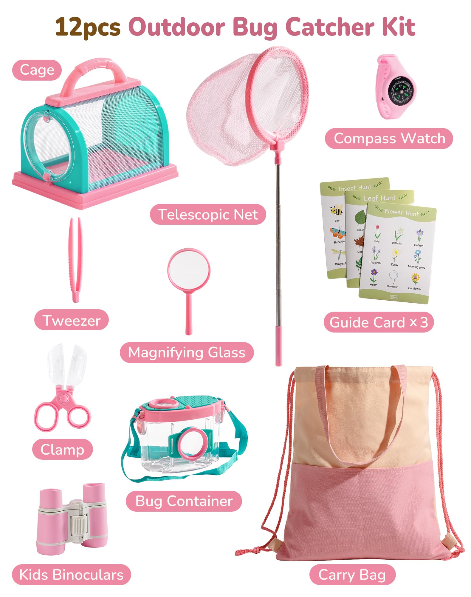 ROBOTIME Juego de atrapa insectos y explorador infantil, juego de caza de insectos con lupa, visor de insectos, bolsa de transporte y accesorios, regalo para niñas de 3 a 12 años (rosa, 12 piezas)