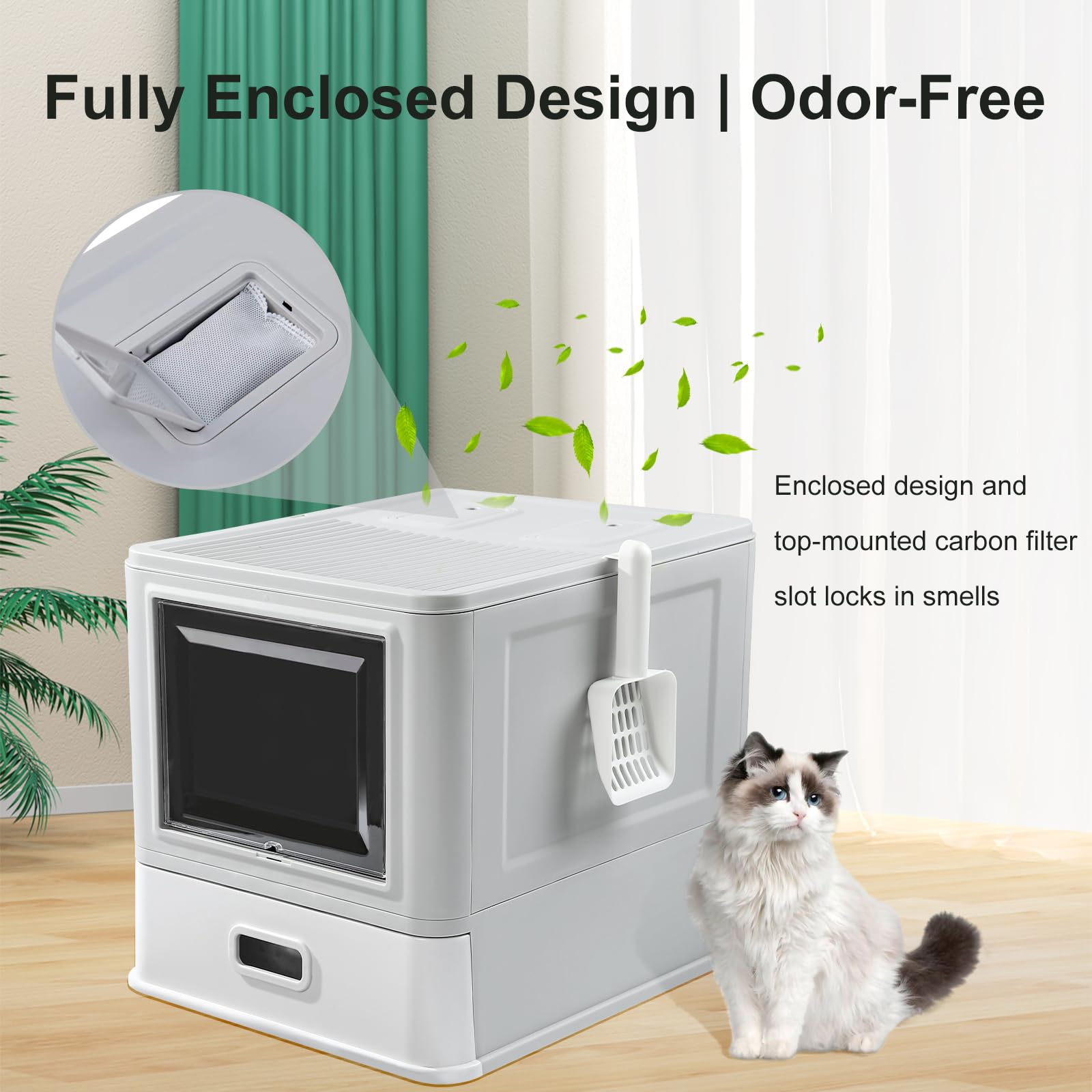Marchul Enclosed Stainless Steel Cat Litter Box with Lid & Drawer Design, XL Extra Large for Indoor Cats, Metal Covered Cat Litter Box, Baffles for Anti-Leakag, with Litter Scoop & Litter Mat