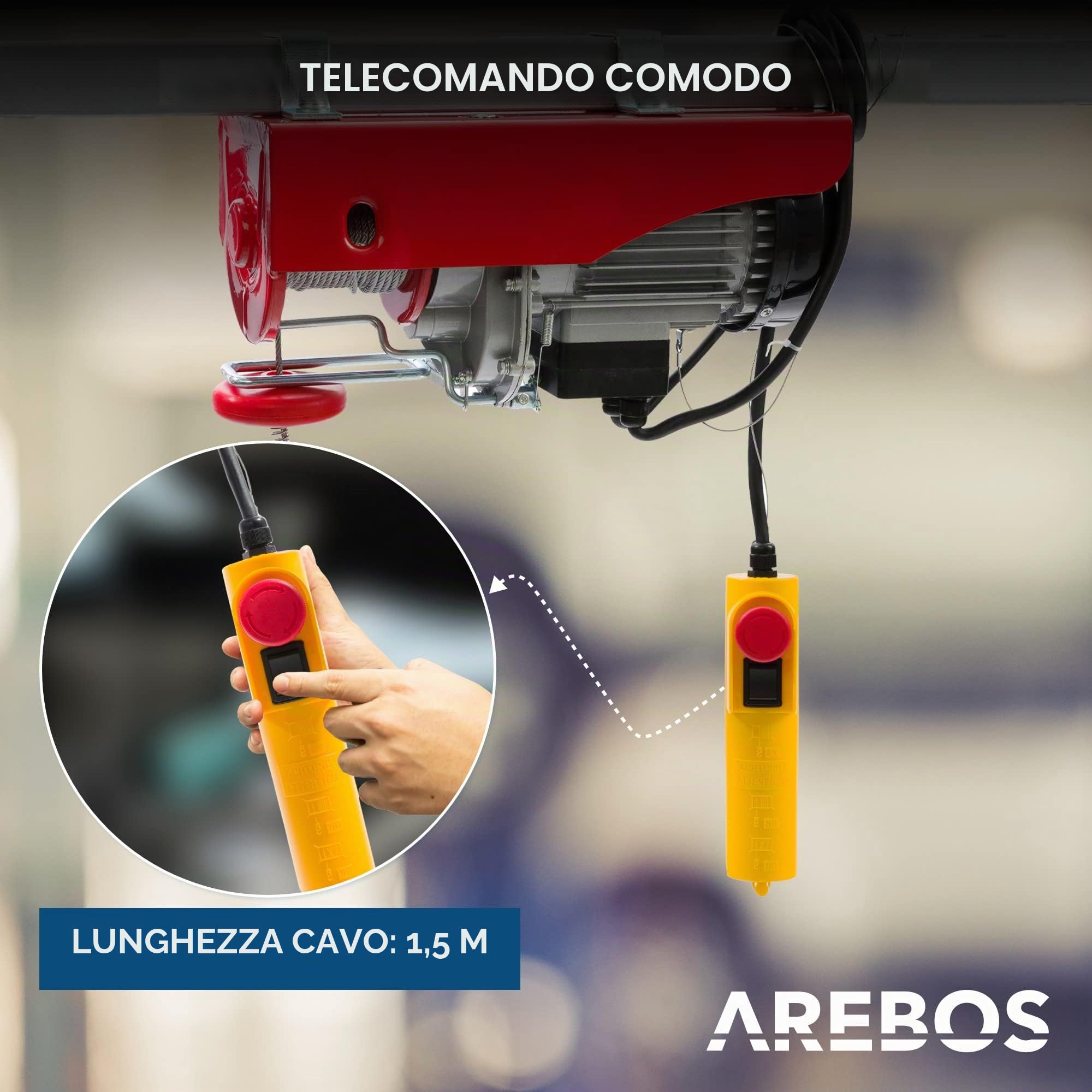 Arebos Paranco Elettrico | 100/200 kg | 500W | Verricello Elettrico | Montacarichi Paranchi Elettrici con Telecomando | altezza di sollevamento 12m | Verricellomontacarichi di Sollevamento