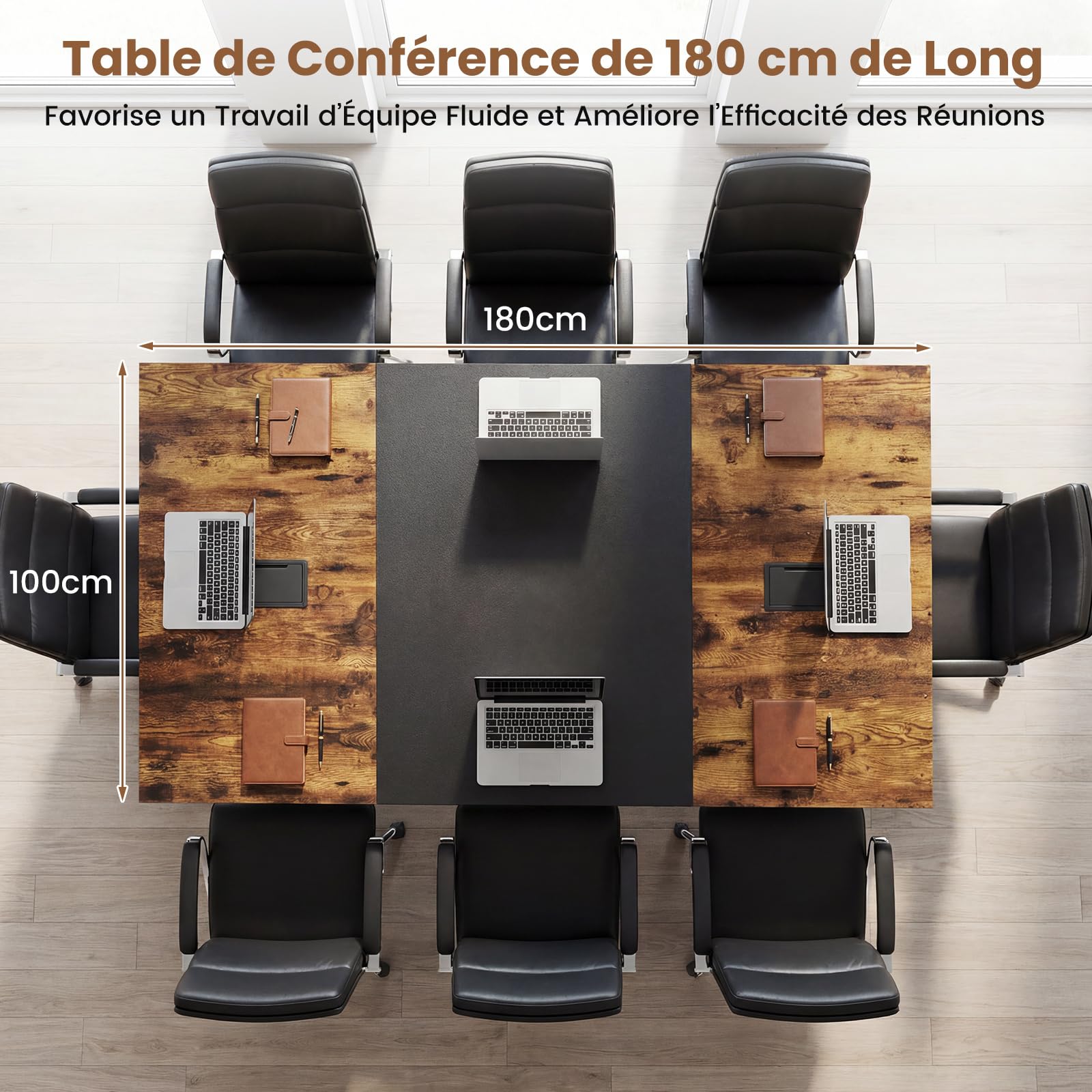 COSTWAY Table de Conférence, Grande Table de Réunion Rectangulaire pour 8 Personnes, 2 Passe-Câbles, Style Industriel, pour Salle de Réunion, Bureau, 180 x 100 x 76,5 cm, Marron Rustique