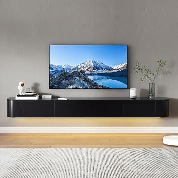 Wall-Mounted TV Cabinet Floating TV Unit Space-Saving Floating Entertainment Center Media Wall TV Bench Rubber Wood Material Black-B, 220CM/86.6IN