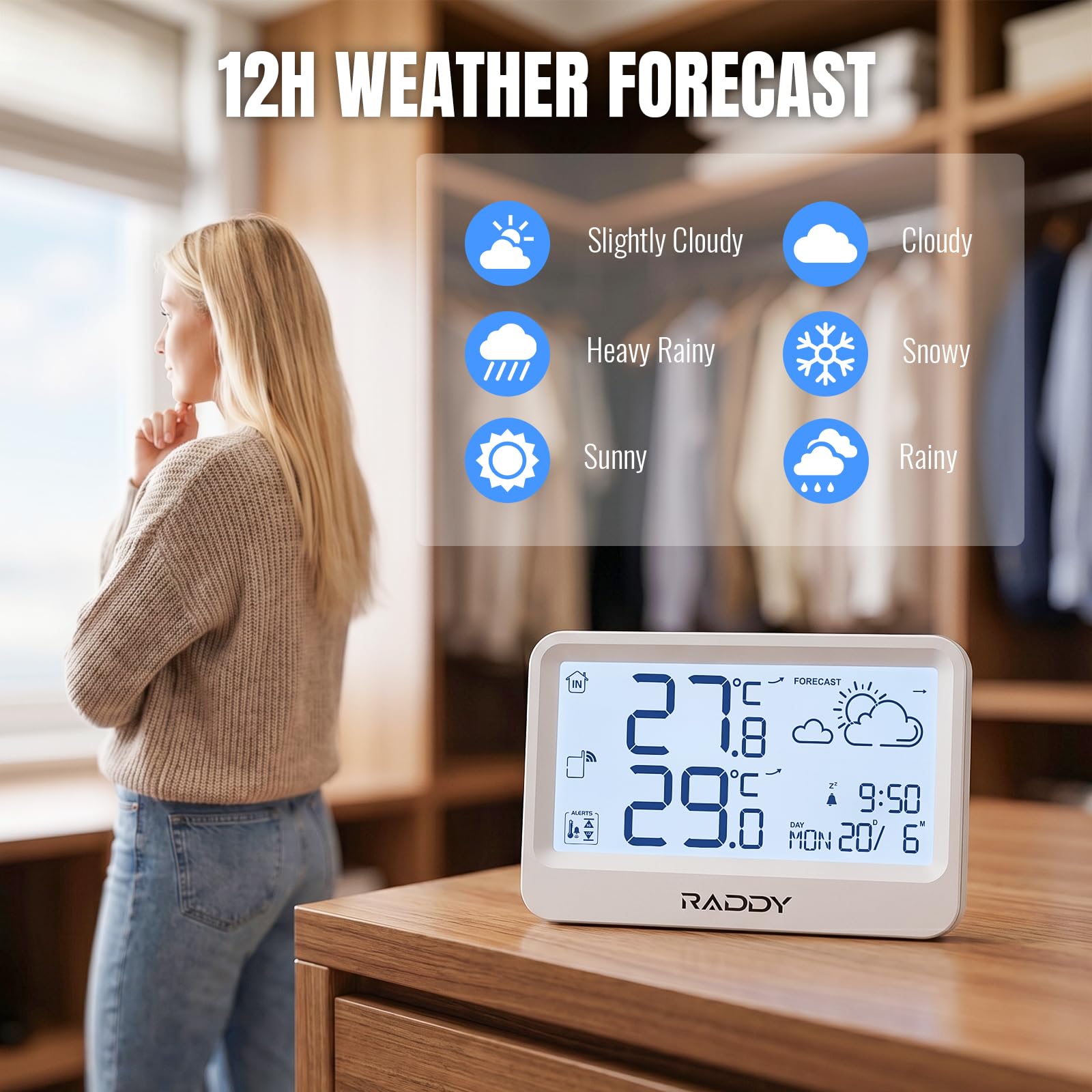Raddy WF-60 Cyfrowa Stacja Pogodowa do Domu, Termometr Wewnętrzny i Zewnętrzny z Prognozą Pogody, Monitor Temperatury z Alarmem Mrozu, Budzik, Zasilanie Bateryjne, do Domu i Ogrodu