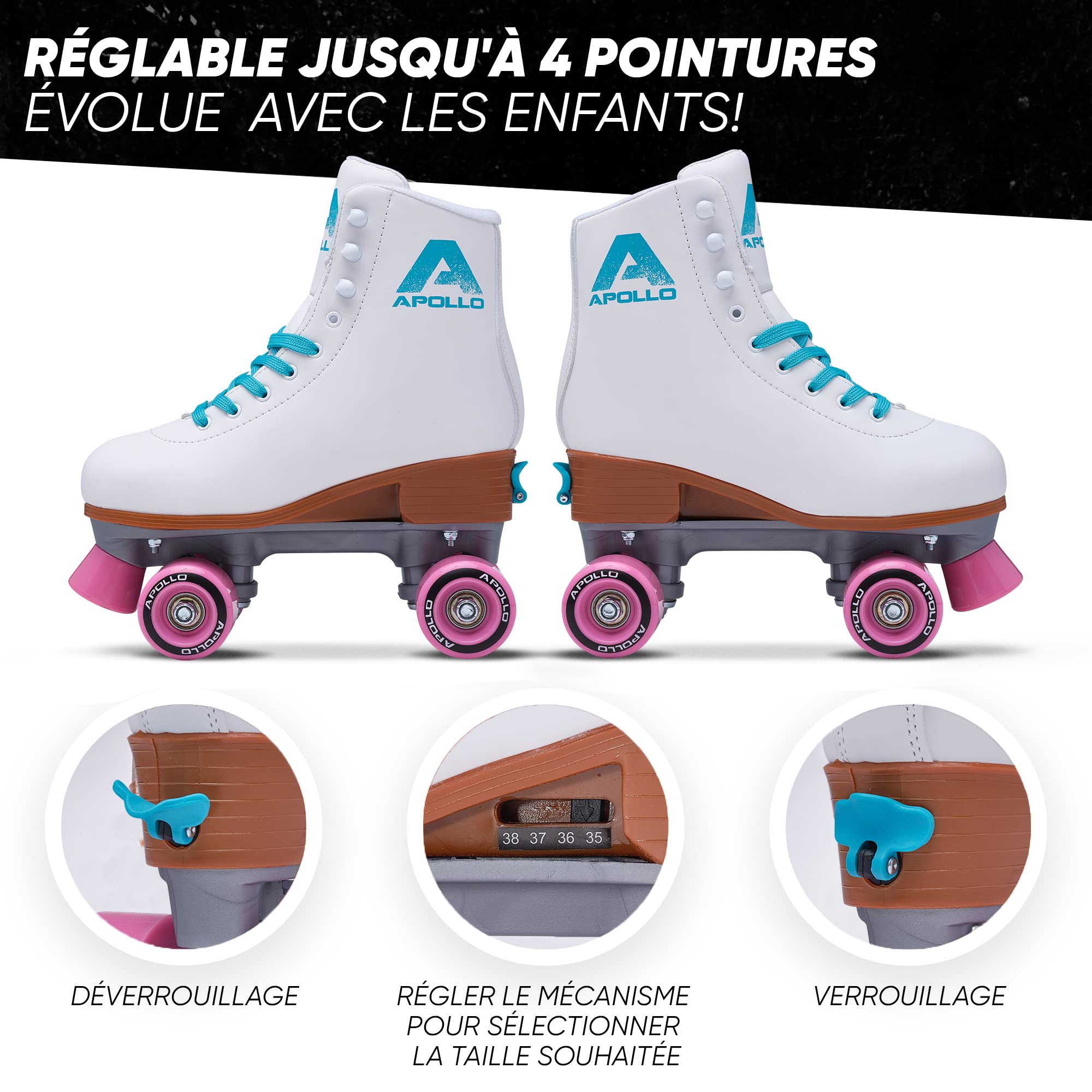 Apollo Patin à roulettes, Patins à roulettes Fille et Garçon, Adolescents et Adultes, Roller Femme et Homme à 4 Roues, Patin Classique, 3 Tailles Réglables du 31 au 42