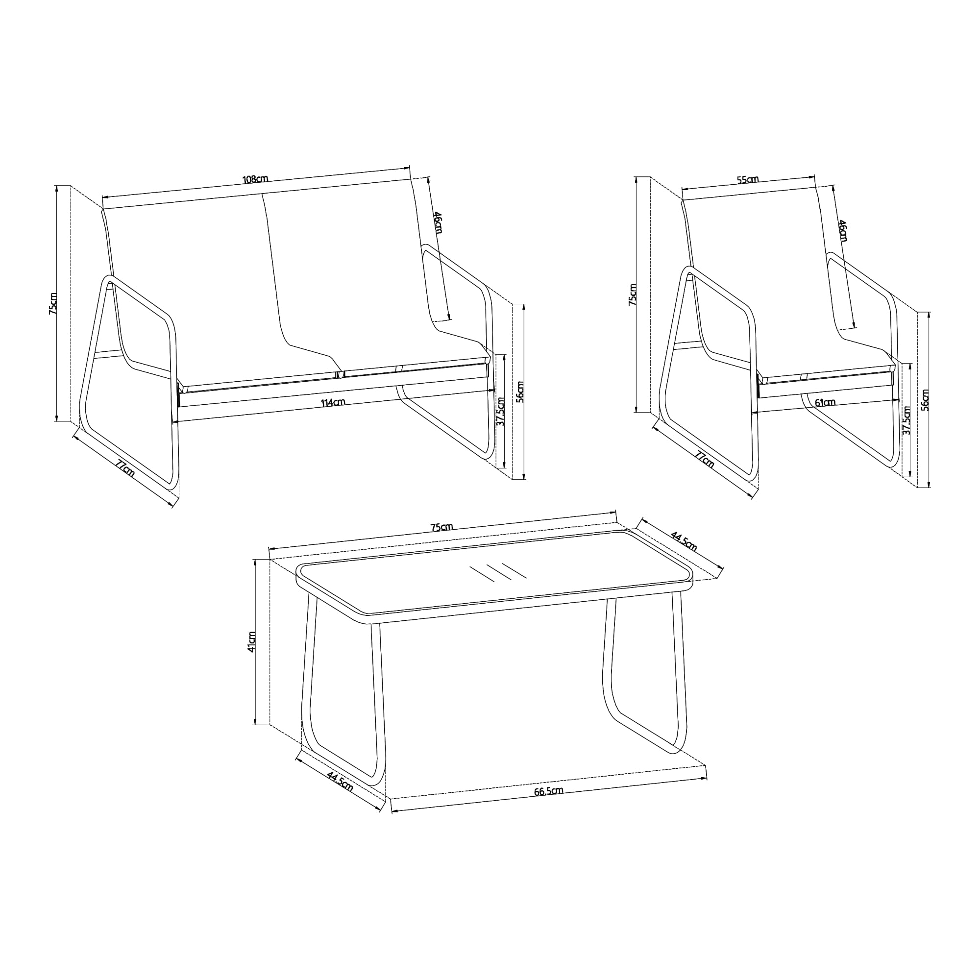 casa.pro Set Salottino per Uso Esterno Mobili da Giardino Terrazza Set Composto di Tavolo con Piano in Vetro, Divano e 2 Sedie Arredo in Textilene - Grigio