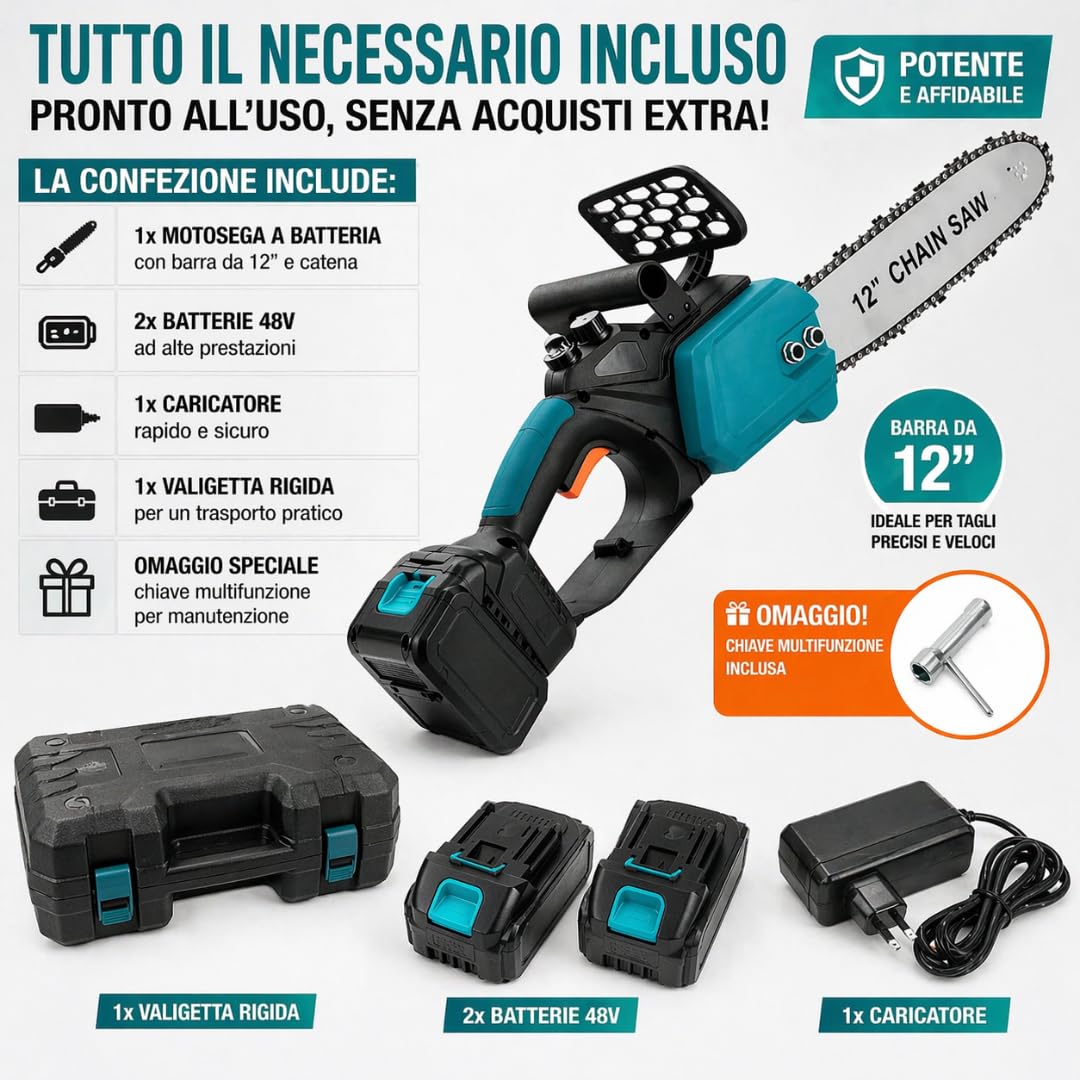 Motosega a Batteria 12” per Potatura con Oliatore, Sega Elettrica per Legno con 2 Batterie, Compatta e Portatile per Giardinaggio.