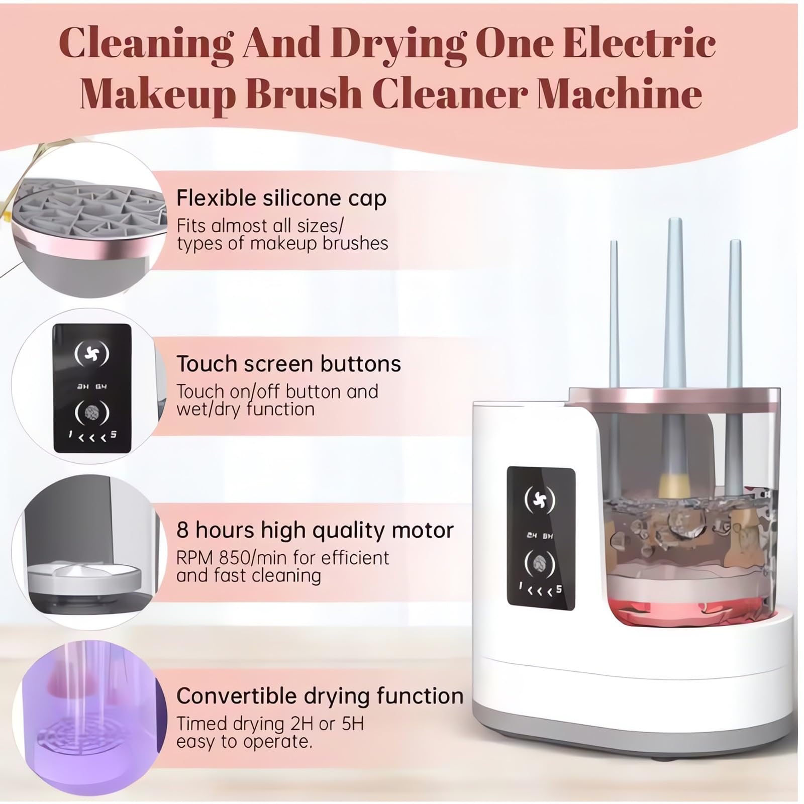 Limpiador y secador de brochas de maquillaje, máquina 3 en 1, limpiador de maquillaje automático eléctrico para todos los tamaños de brochas, limpieza profunda rápida y secado rápido en cuestión de