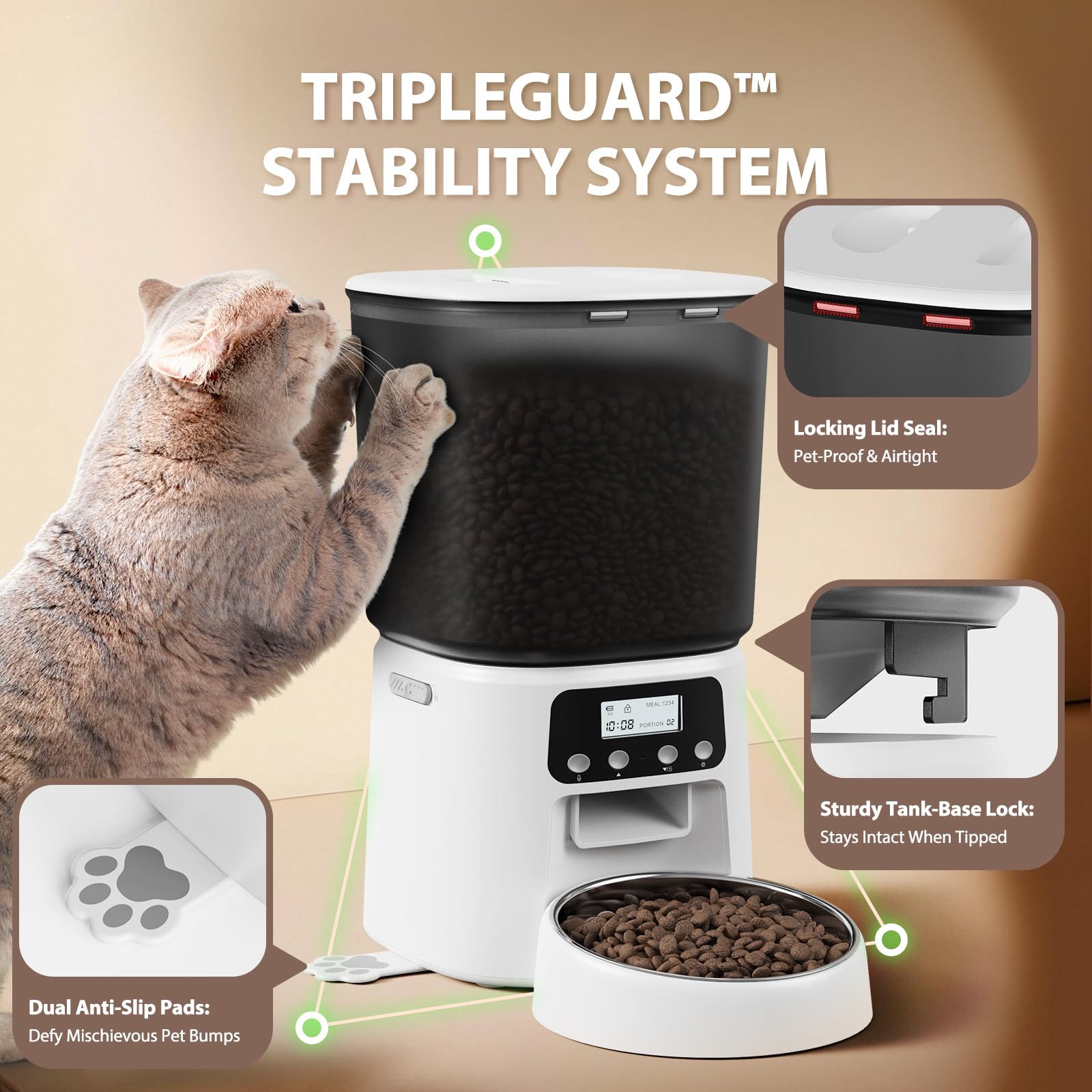 Automatic Cat Feeder, 4L/16Cups Cat Food Dispenser with Stainless Steel Bowl 30 Portions 6 Meals per Day, Programmable Auto Cat Feeder for Kitty Small Dogs with 10S Voice Record, White - image 7