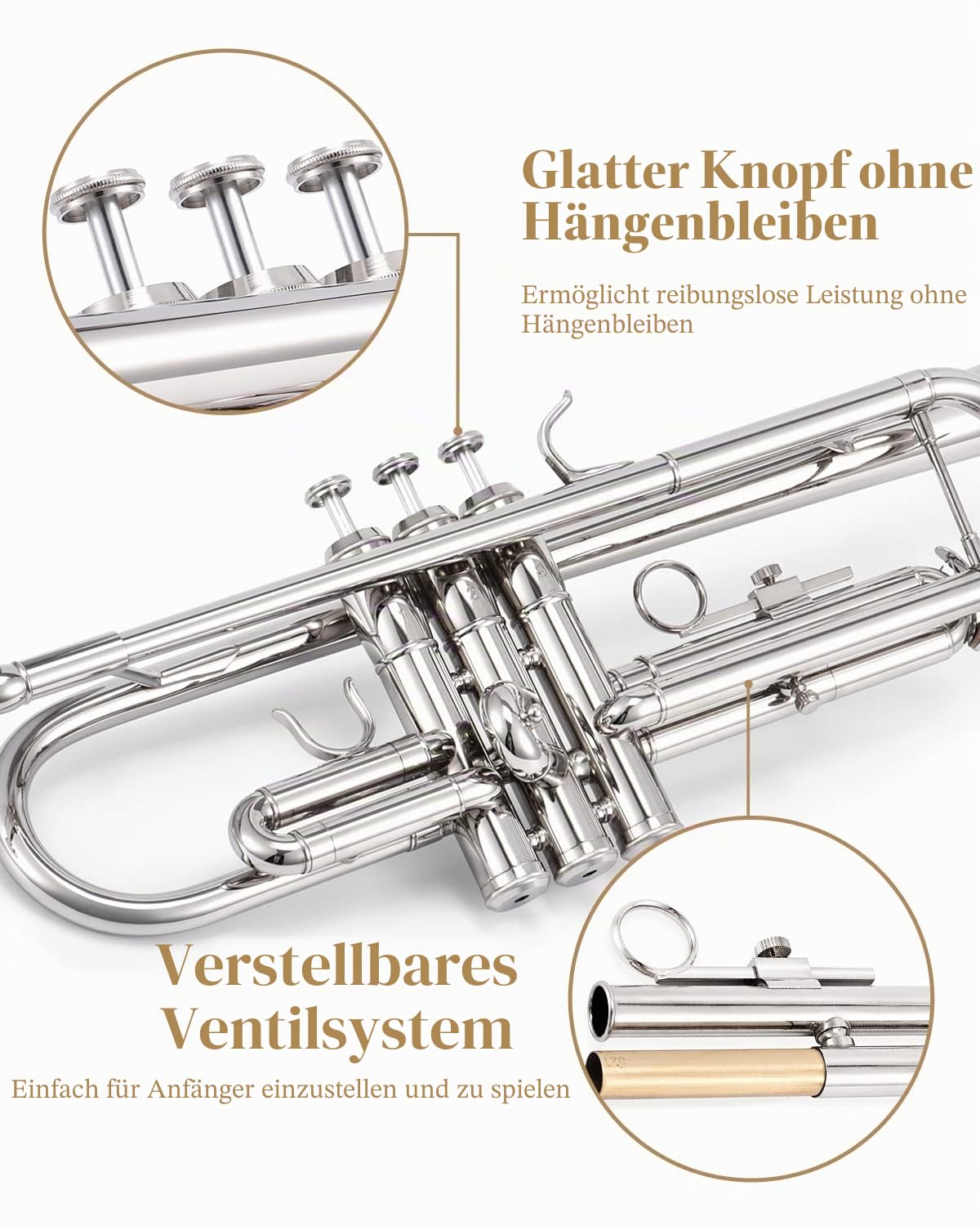 Eastar Bb Standard-Trompeten-Set für Anfänger Messing-Trompeteninstrument für Studenten und Hartschalenkoffer, Reinigungsset, 7C-Mundstück und Handschuhen, ETR-380N, Silber