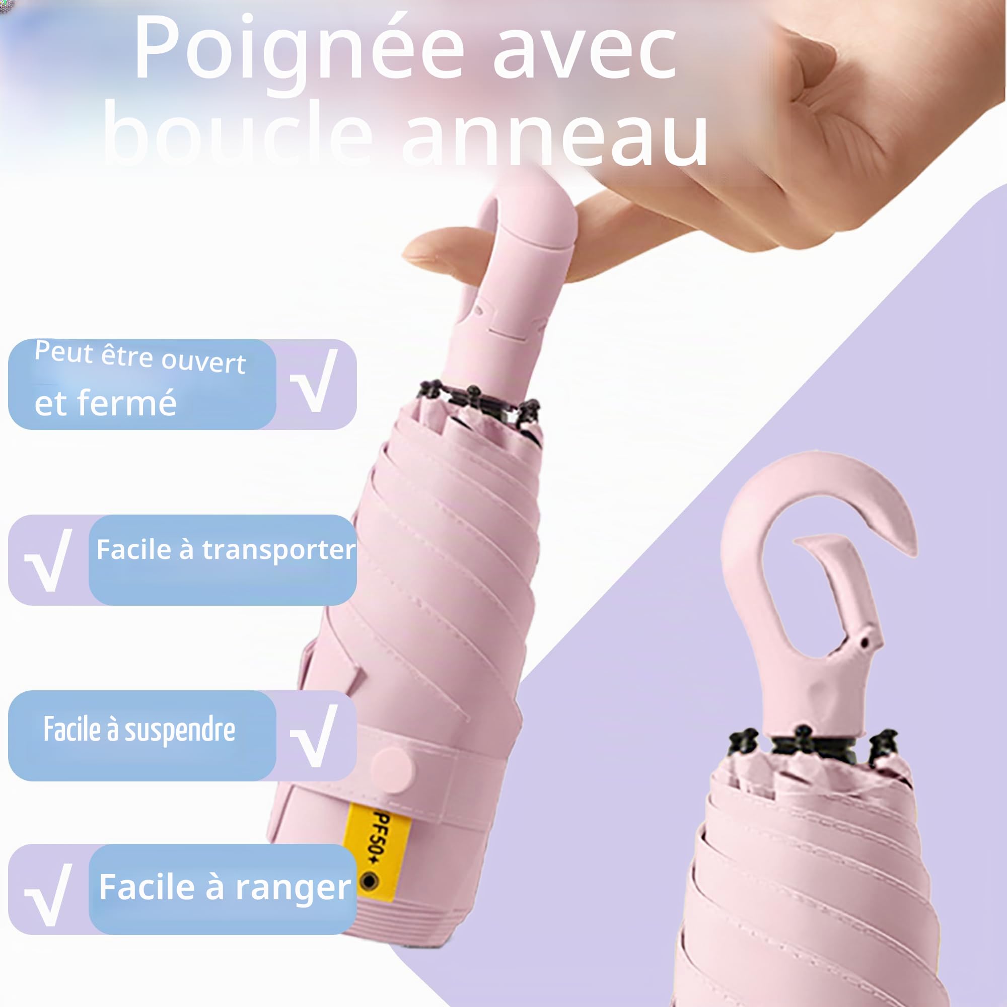 Mini Pliant Voyage Compact Poche Parapluie Avec Poignée Mousqueton,Femme Et Enfant,Soleil Et Pluie,Ultra Léger,Côtes En Fibre De Verre,UPF 50+ Protection UV
