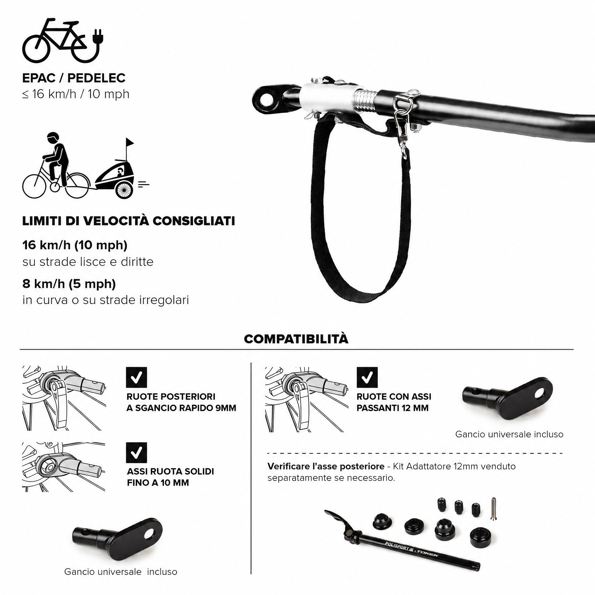 Polisport Rimorchio Bici Bambini 2 in 1 con Passeggino, Nero/Grigio