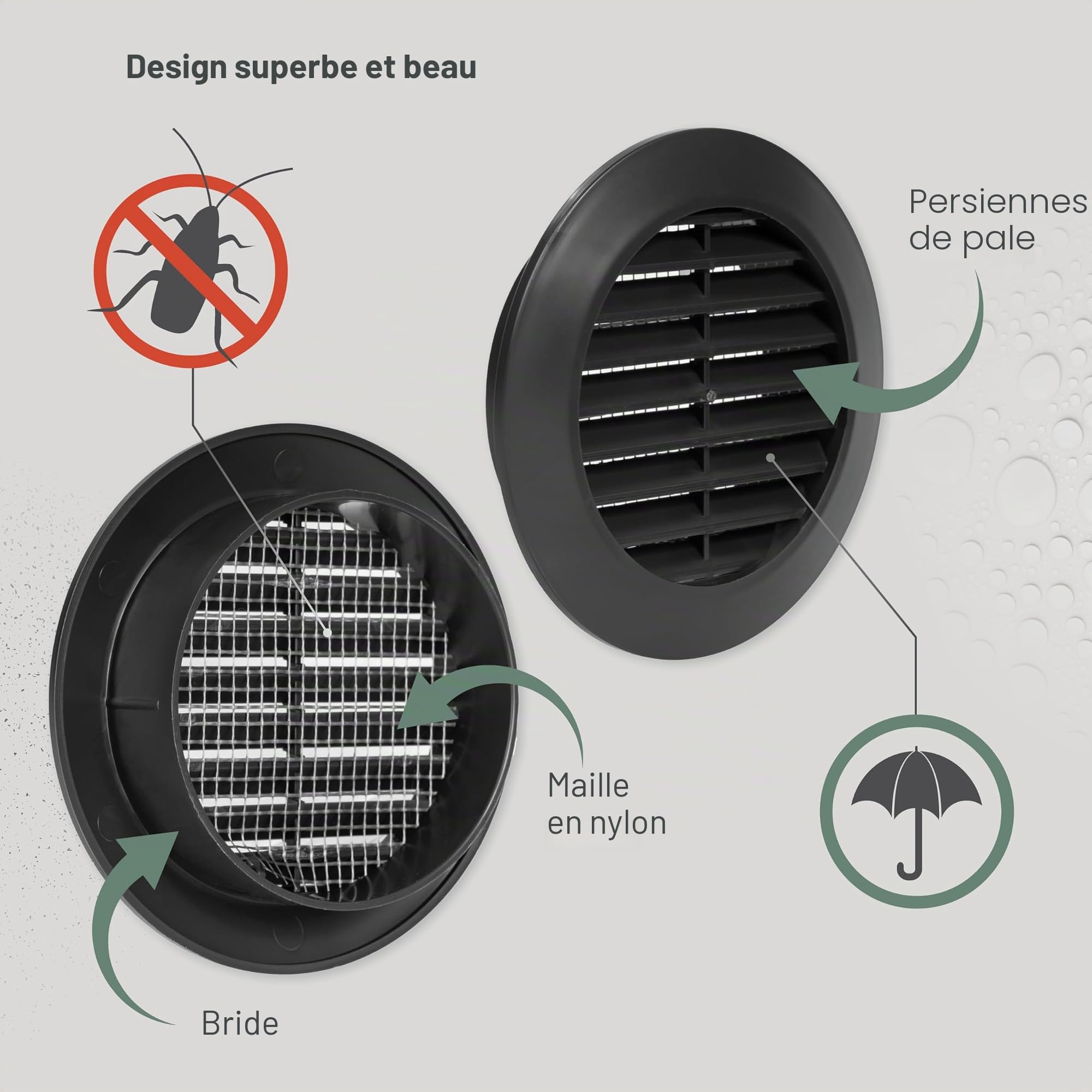 Vent Systems Grille d'aération noire de 70 mm pour porte d'aération – Mini cercle – Grilles d'aération d'intérieur – Pour salle de bain, armoire, garage à travers la grille d'aération