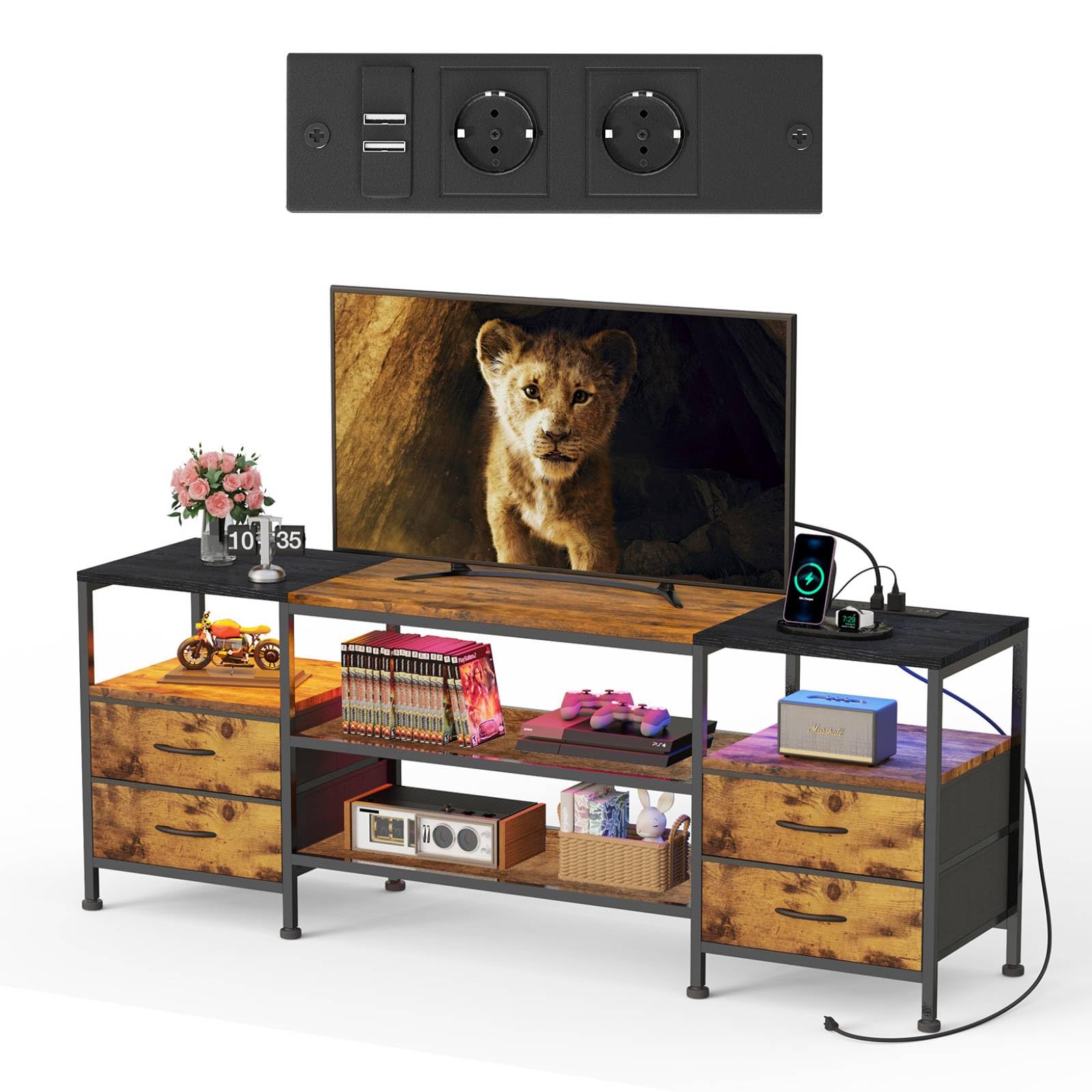 Mobile TV con Luci LED Presa, Tavolo TV Basso per Fino a 70 Pollici, Scaffale con 4 Cassetti in Tessuto e 2 Ripiani Aperti, Mobili per Soggiorno Camera da Letto, Marrone Vintage